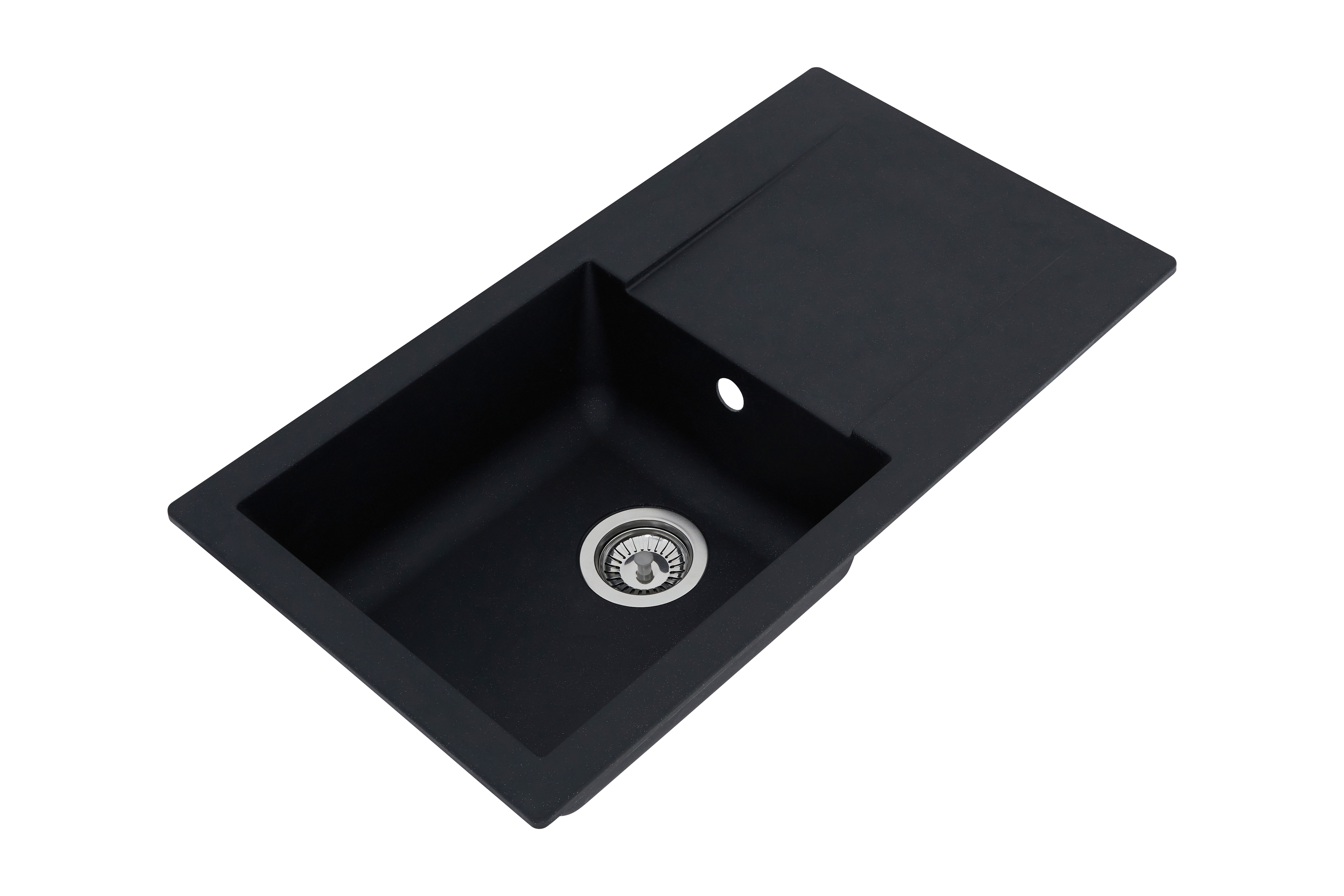 Ein schwarzes Waschbecken mit Abfluss und kleiner Arbeitsplatte. Weißer Hintergrund.