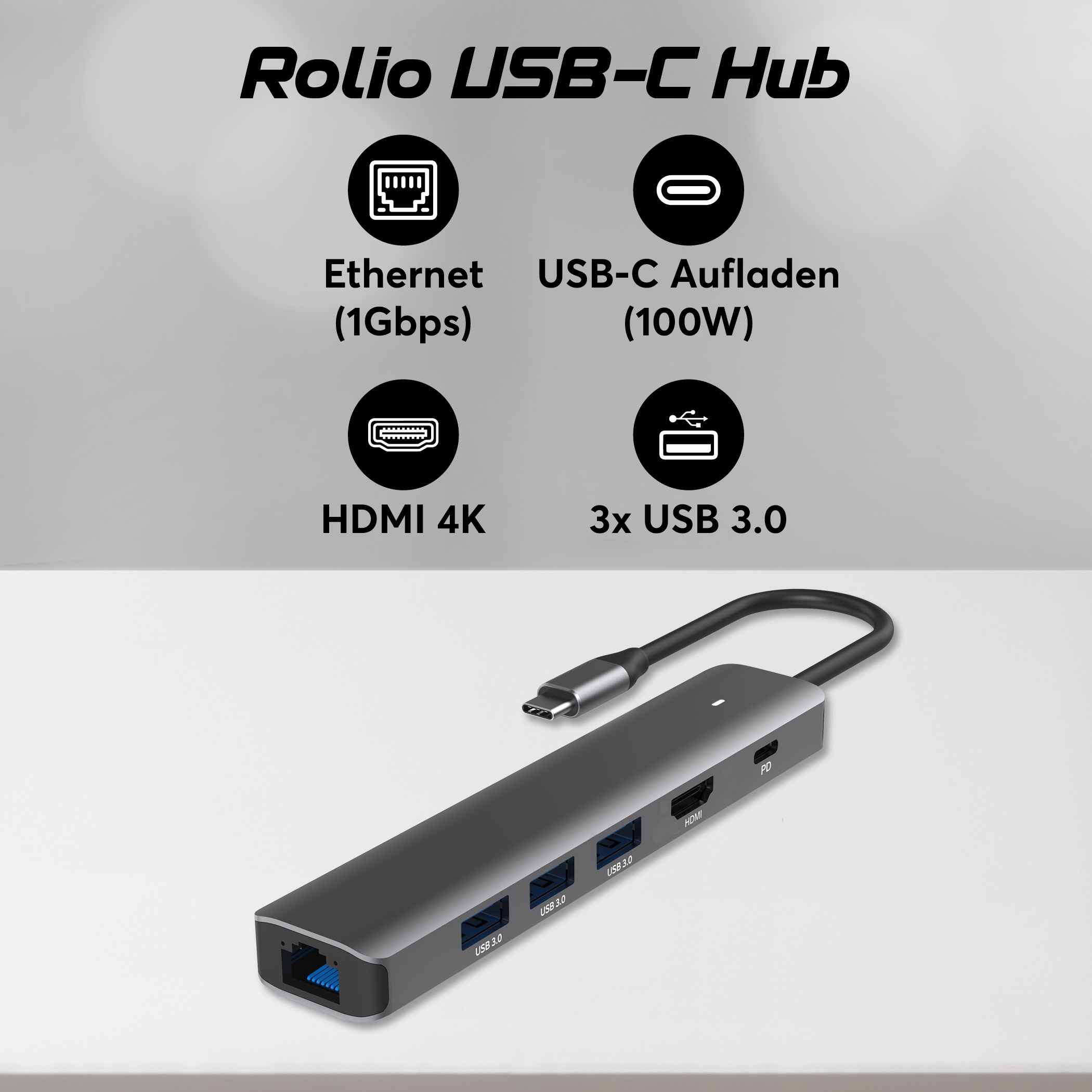 ROLIO USB-C RJ45 Space Hub, Grau Ethernet,