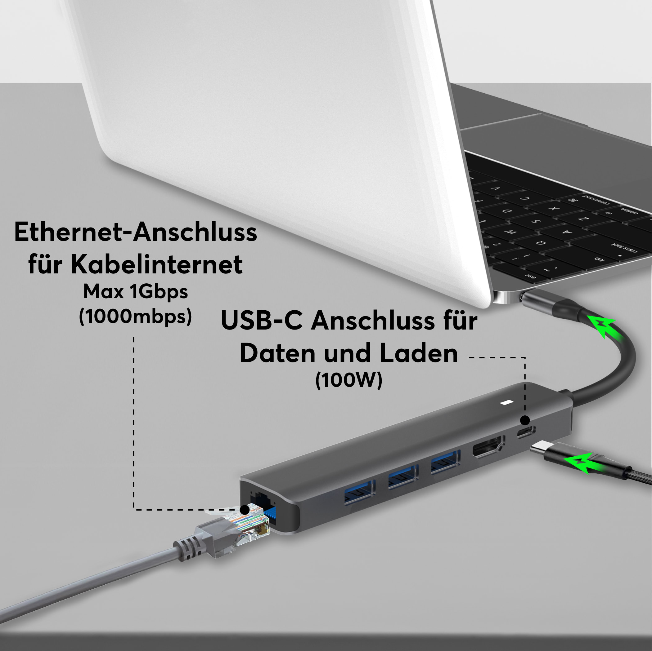 Hub, RJ45 Space ROLIO USB-C Grau Ethernet,