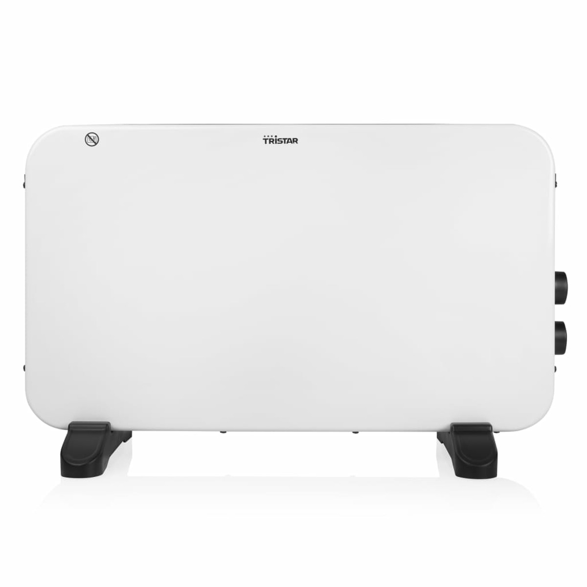 Un termoventilatore elettrico bianco con piedini neri, il marchio è Tristar.