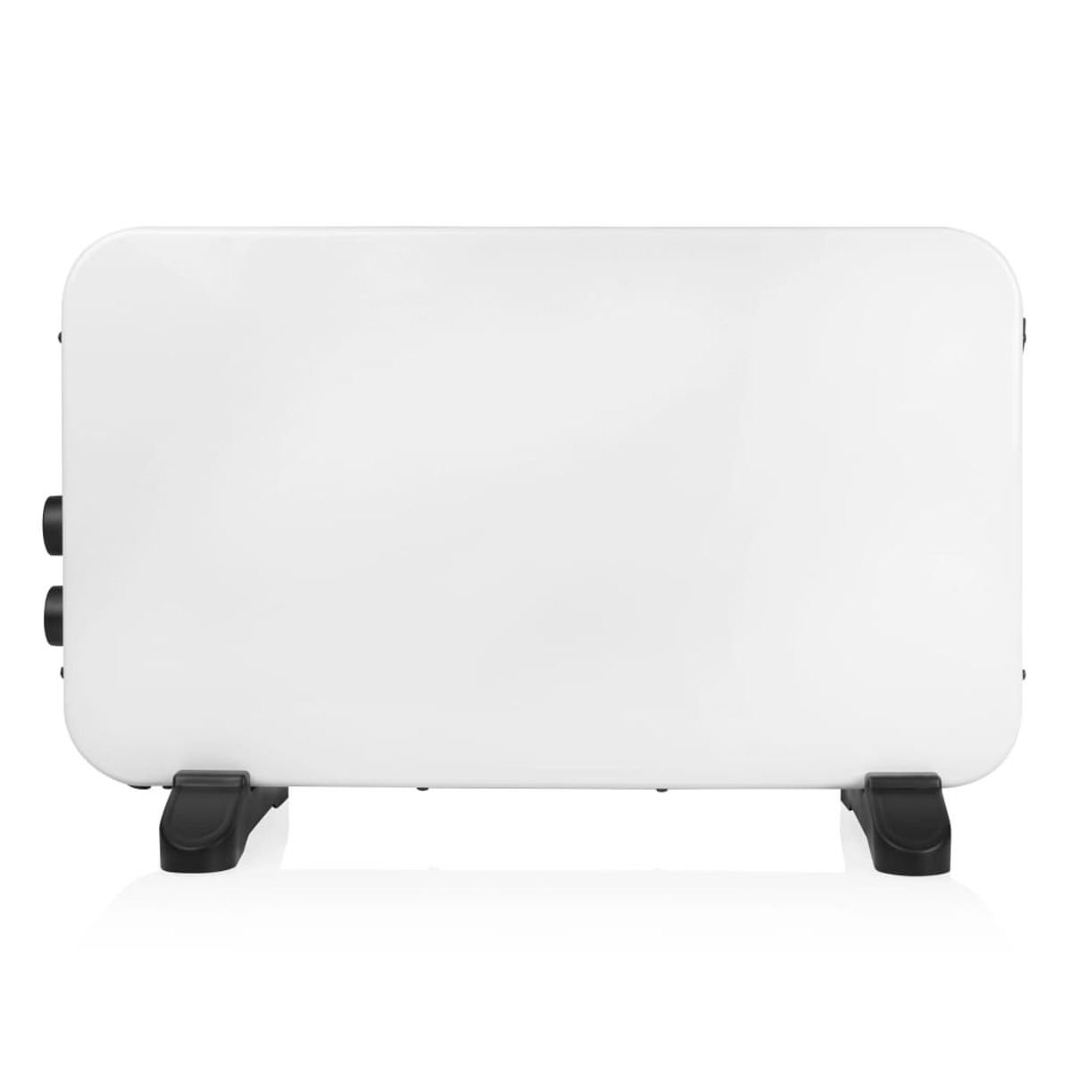 Termoventilatore elettrico bianco con due manopole nere e piedini neri, isolato su sfondo bianco.