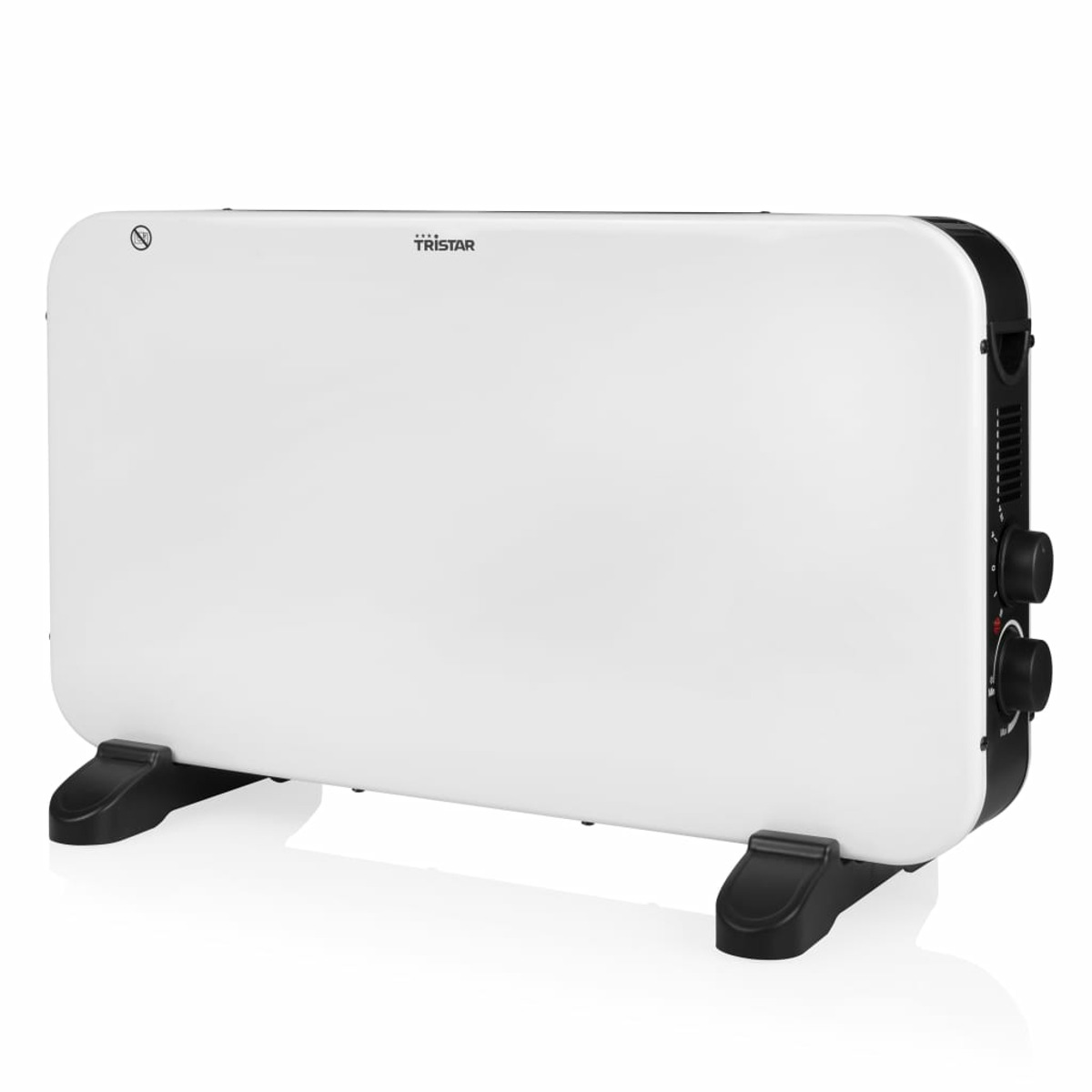 Un termoventilatore Tristar bianco con piedini e manopole nere, su sfondo bianco.