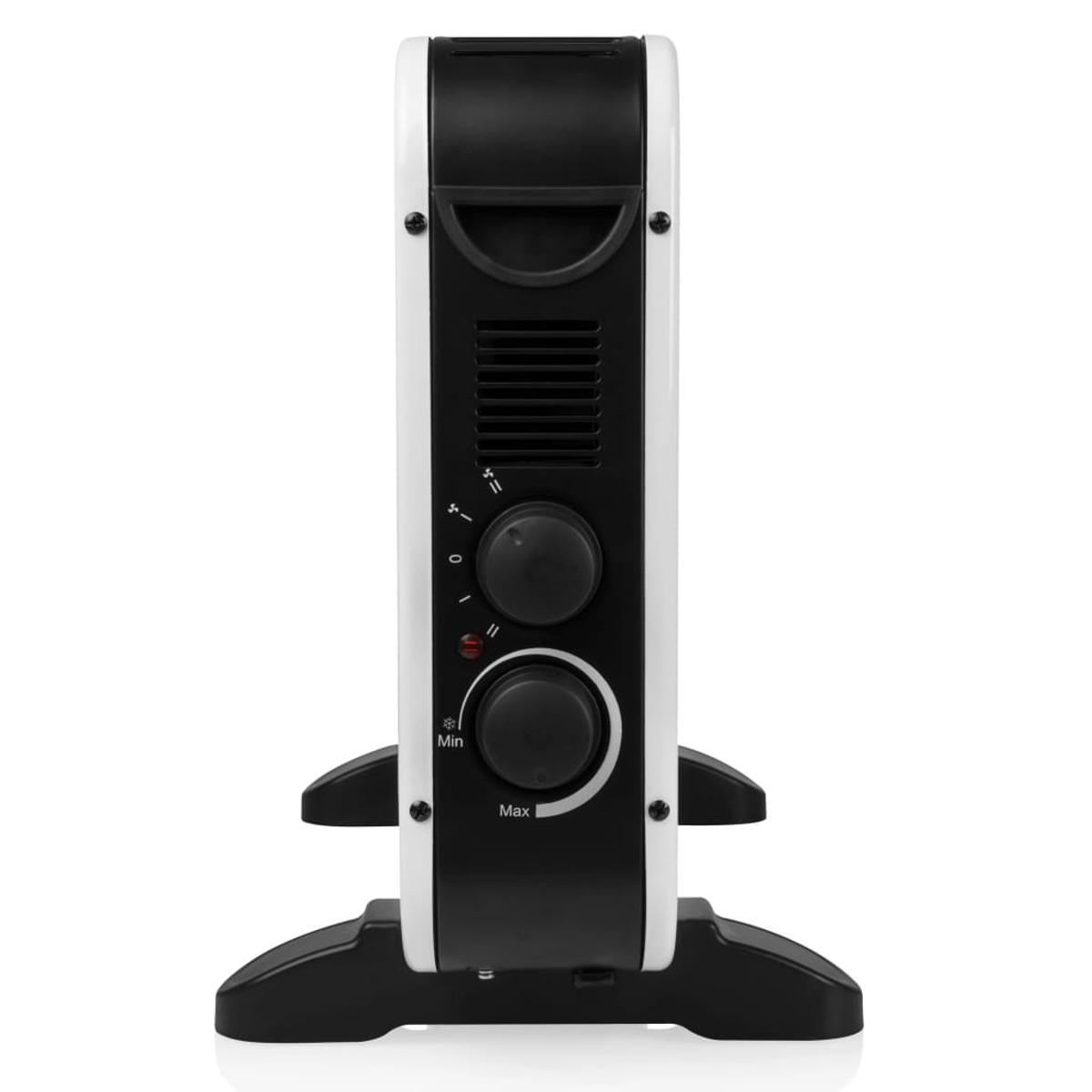 Riscaldatore elettrico bianco e nero con manopole e display digitale. Poggia su una superficie bianca.