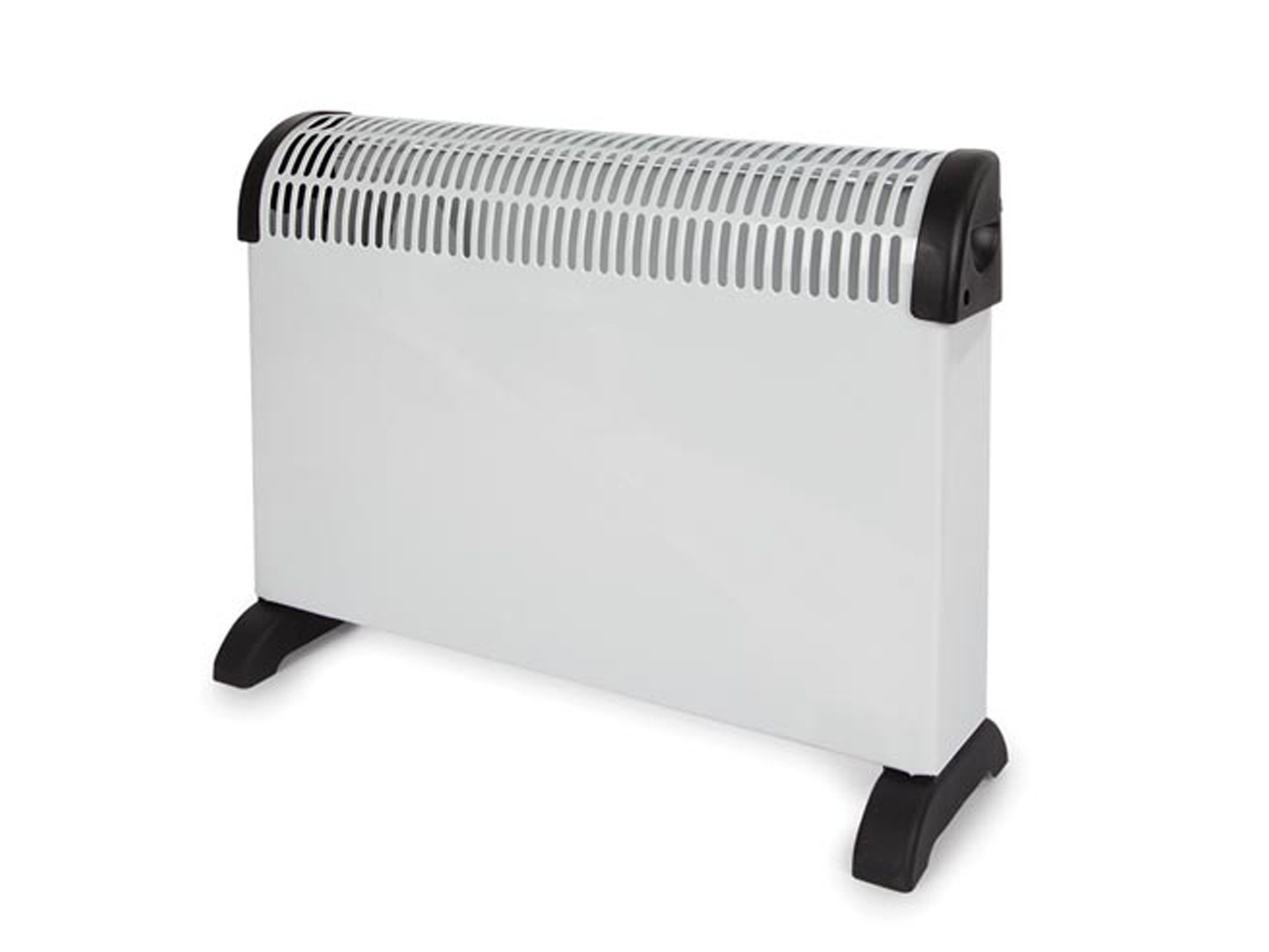 Termosifone elettrico bianco con piedini neri, posto su sfondo bianco.