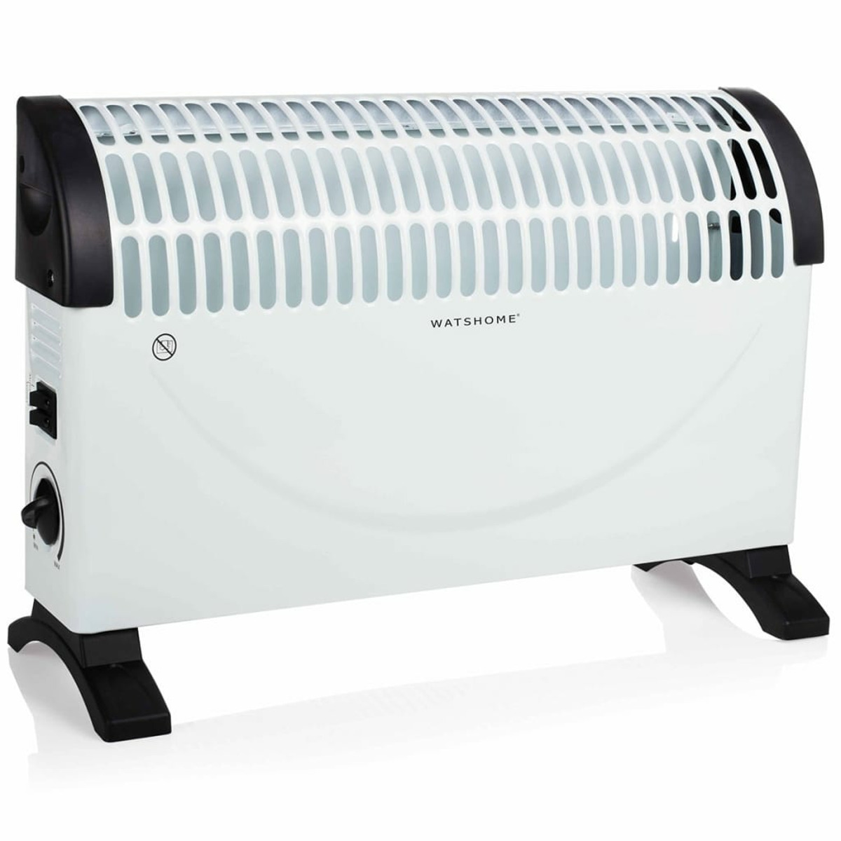 Radiatore elettrico bianco con dettagli neri, un pannello di controllo e il logo WATTSHOME.