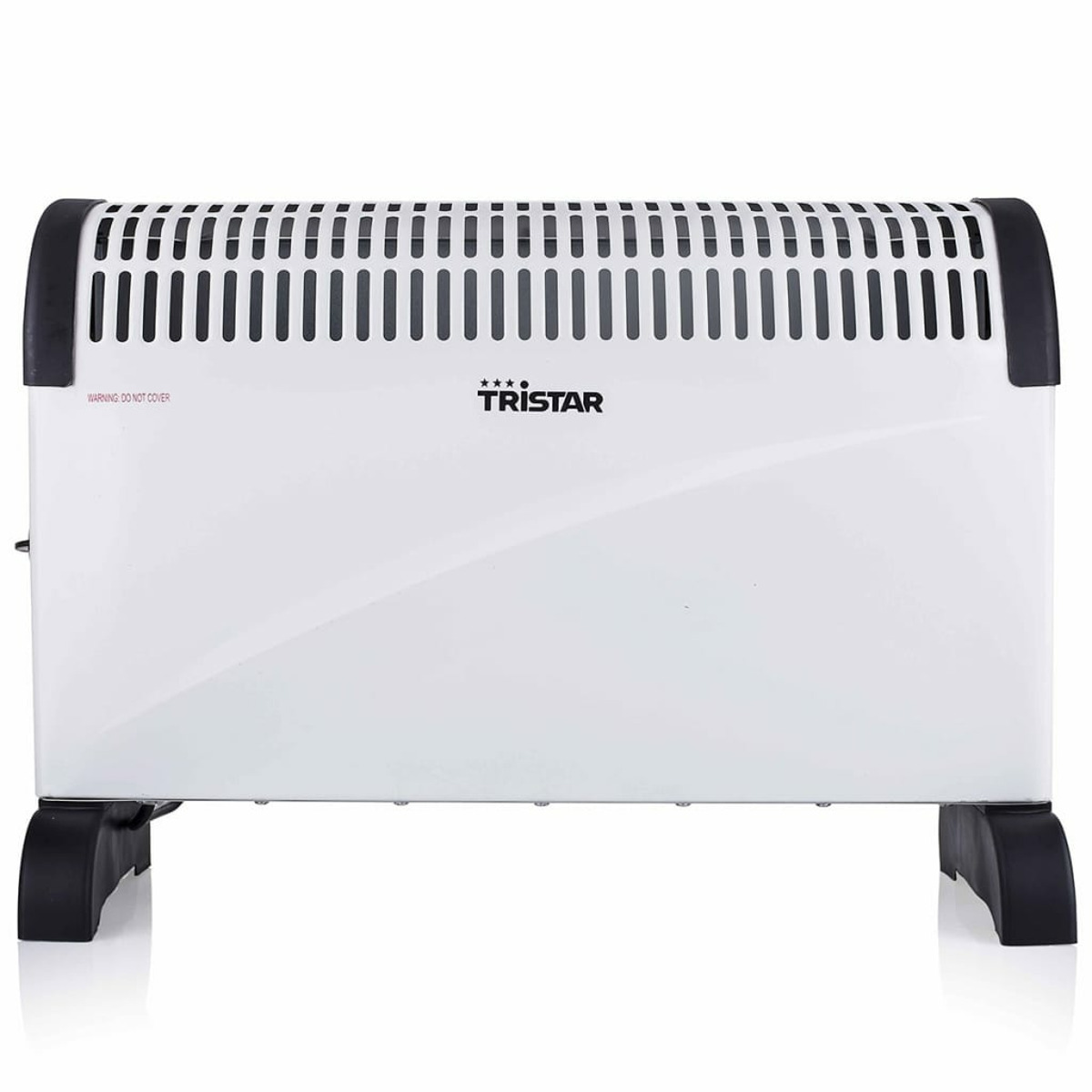 Termoventilatore elettrico bianco su base nera. Accenti neri e il logo Tristar sono visibili.