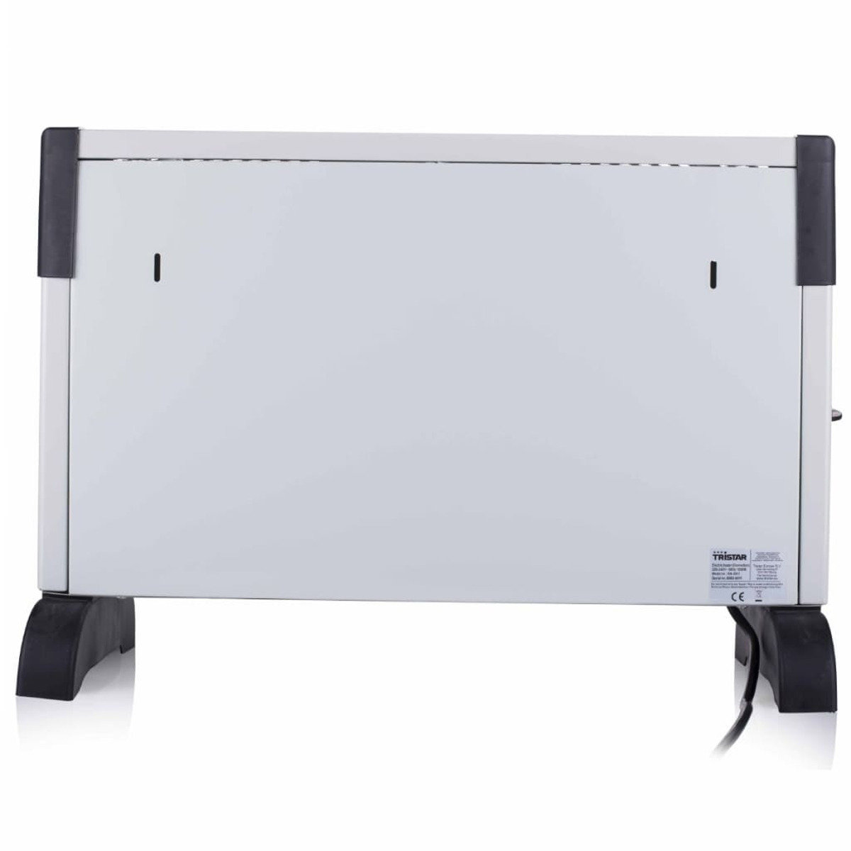 Un riscaldatore Tristar bianco con piedini neri. Ha un design semplice e un cavo di alimentazione.