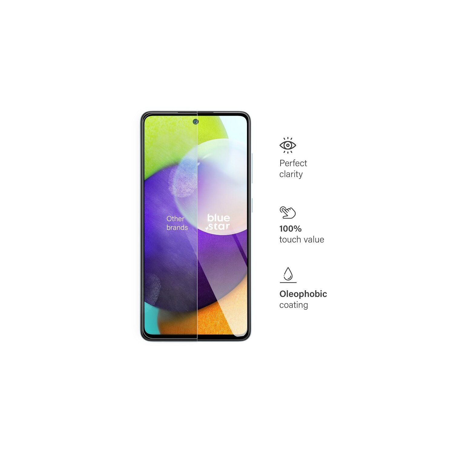 Smartphone mit Displayschutz, mit Blue Star Logo und Symbolen.