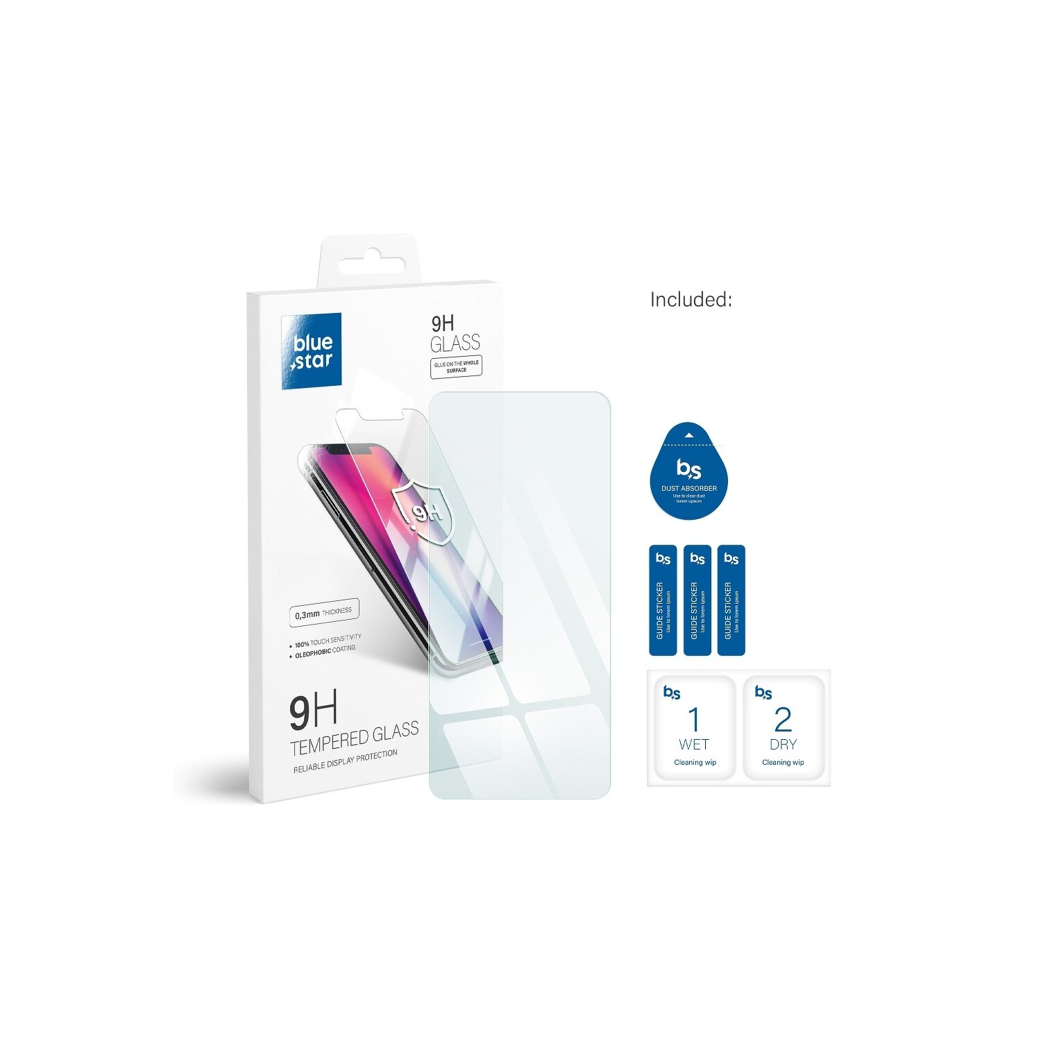 Eine Box mit Panzerglas-Displayschutzfolien für ein Telefon, mit Zubehör auf weißem Hintergrund.