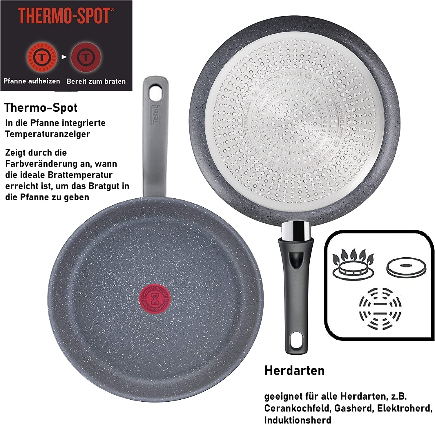 Graue Bratpfanne mit Thermo-Spot-Logo. Zeigt Unterseite, Griff und verschiedene Kochflächenoptionen.