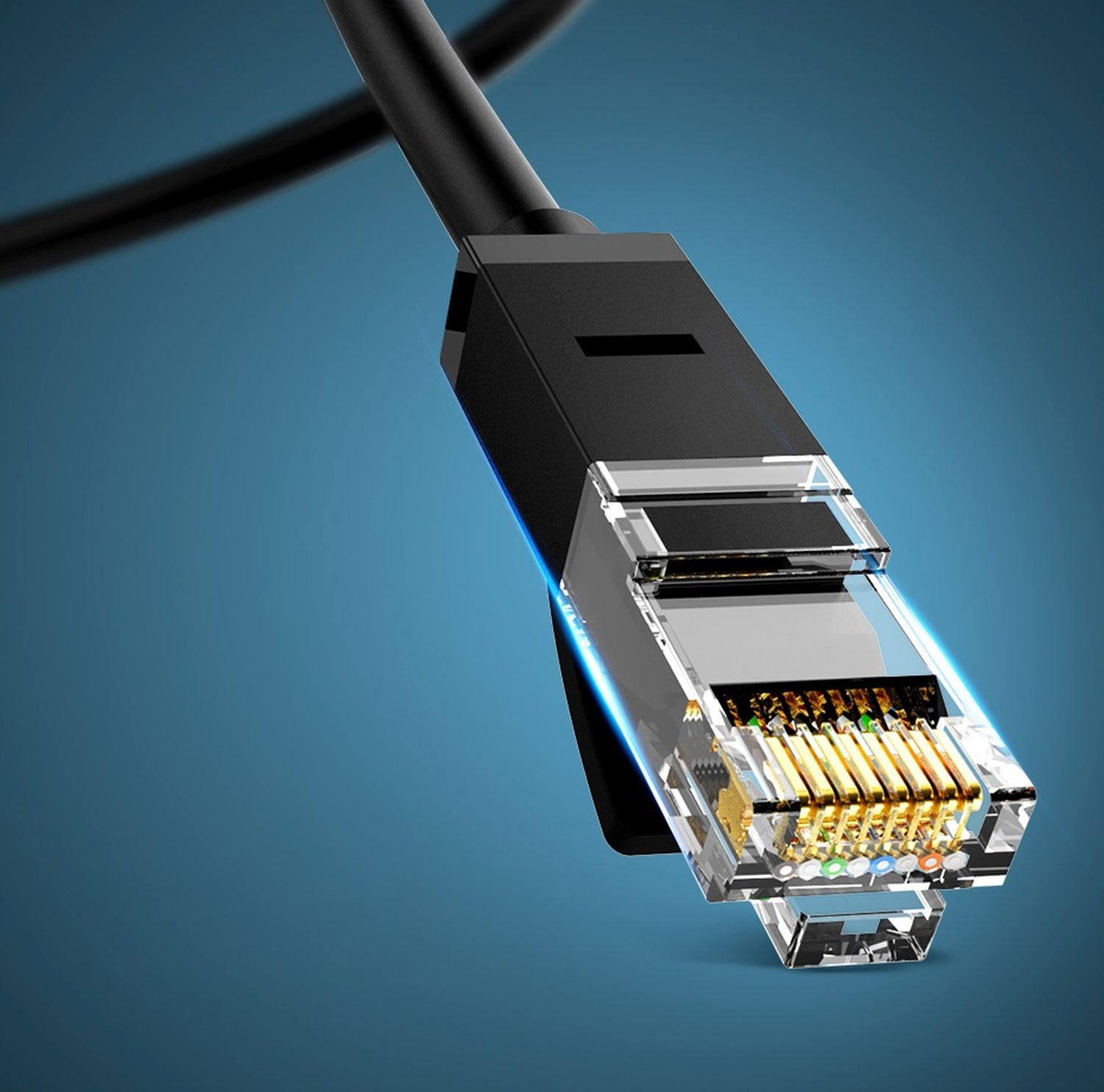 Nahaufnahme eines schwarzen Ethernet-Kabelanschlusses.