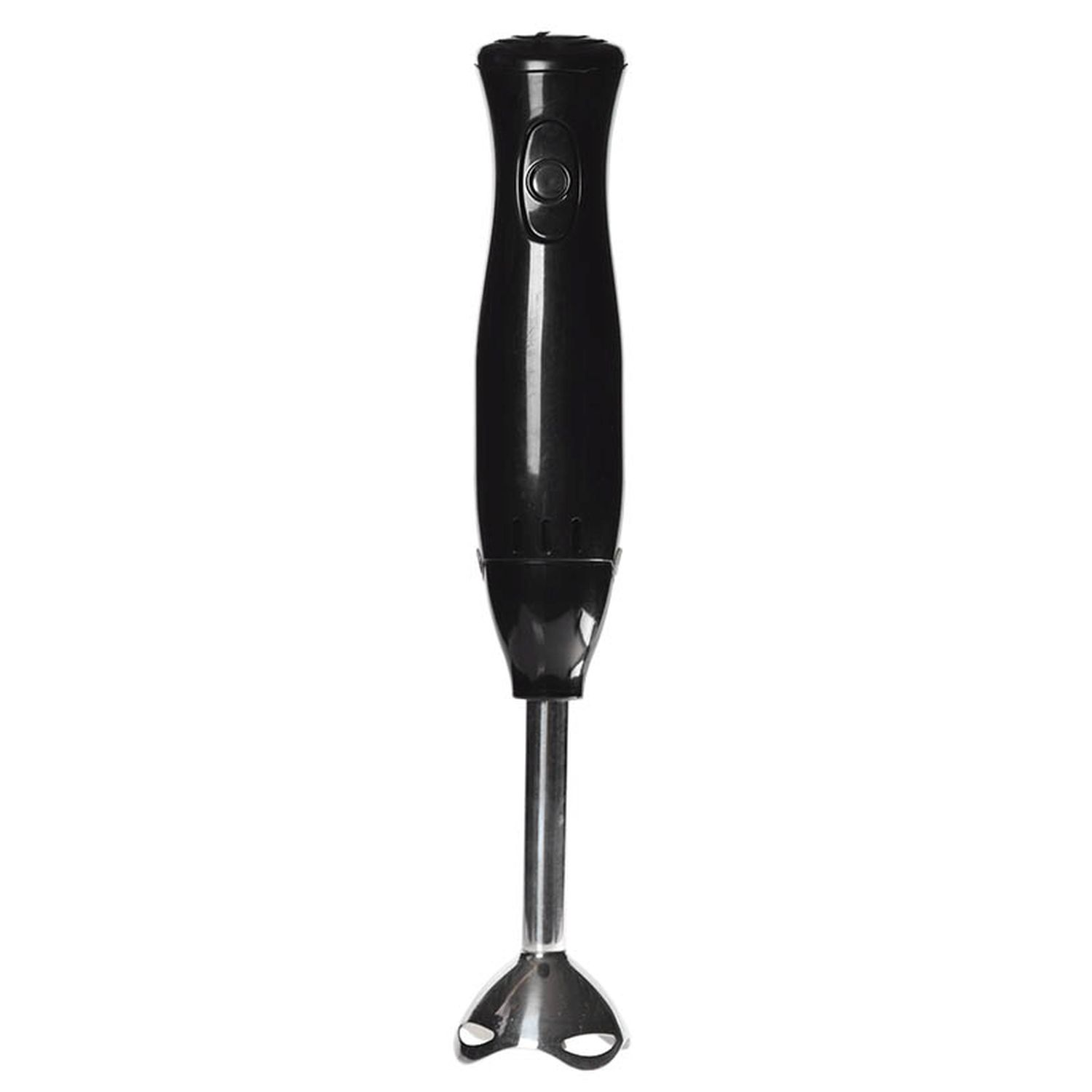 Schwarzer Stabmixer. Der obere Teil ist glatt mit einer Taste. Die Klinge ist Metall.
