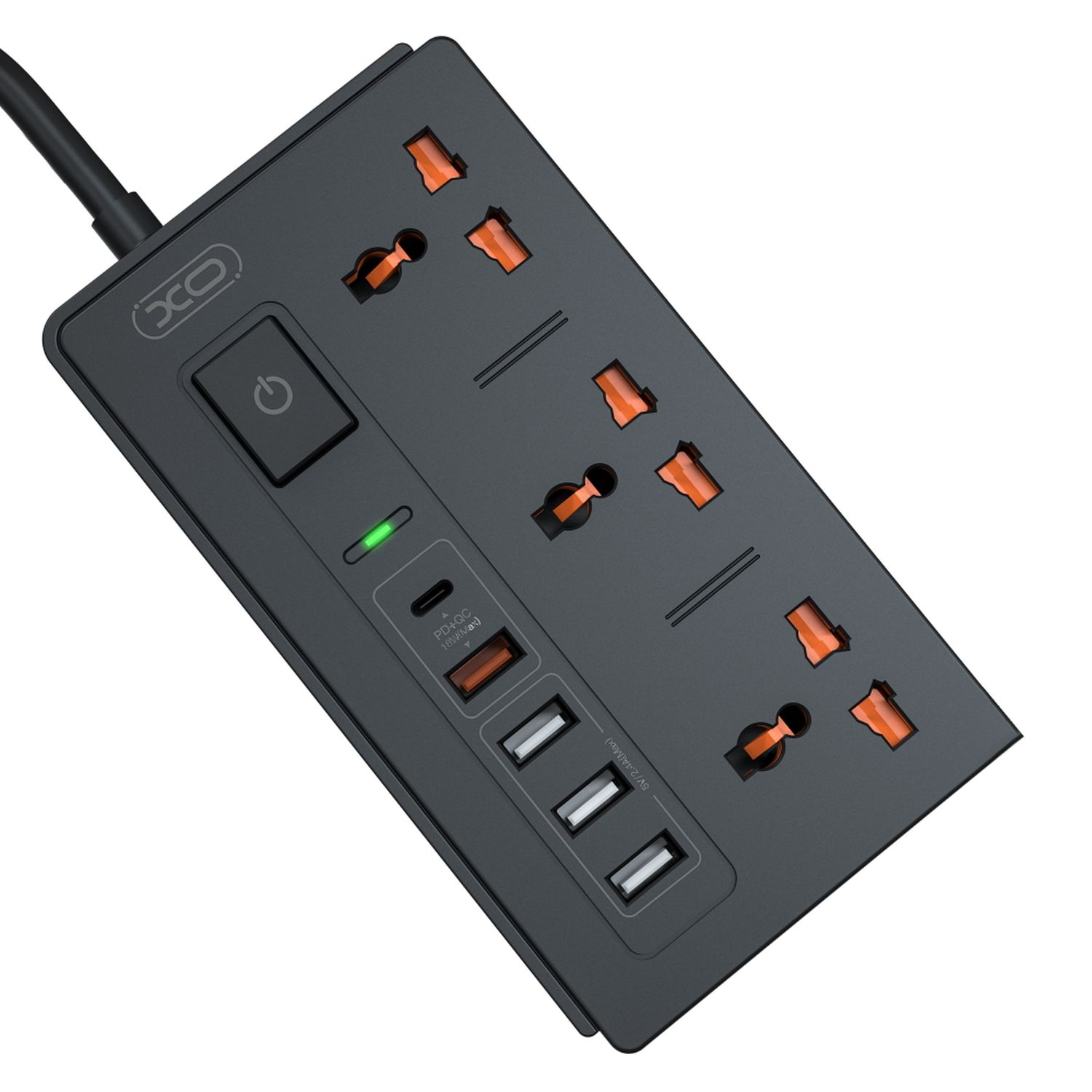 Schwarze Steckdosenleiste mit mehreren Steckdosen, USB-Anschlüssen und einem Ein-/Ausschalter.