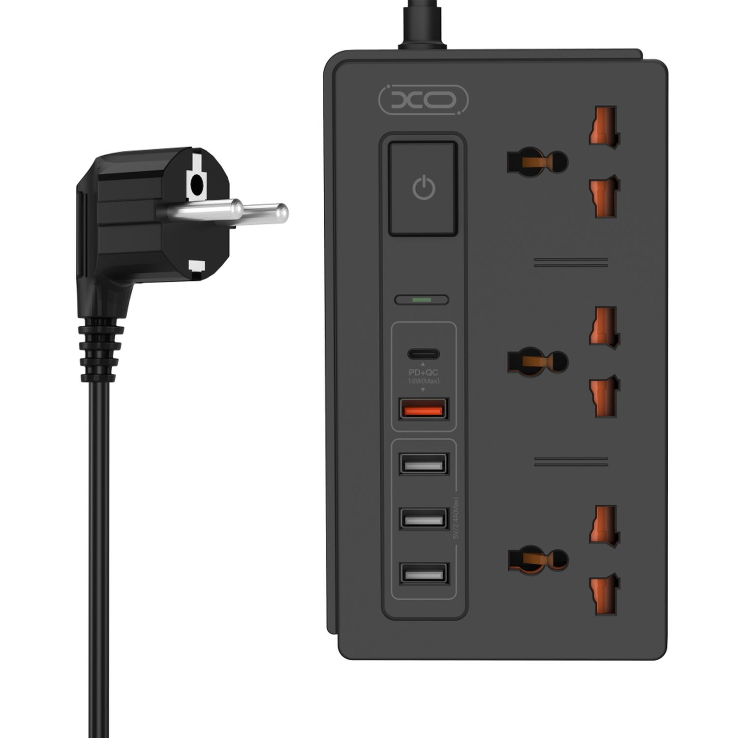 Schwarze Steckdosenleiste mit mehreren Steckdosen, USB-Anschlüssen und einem Stecker.