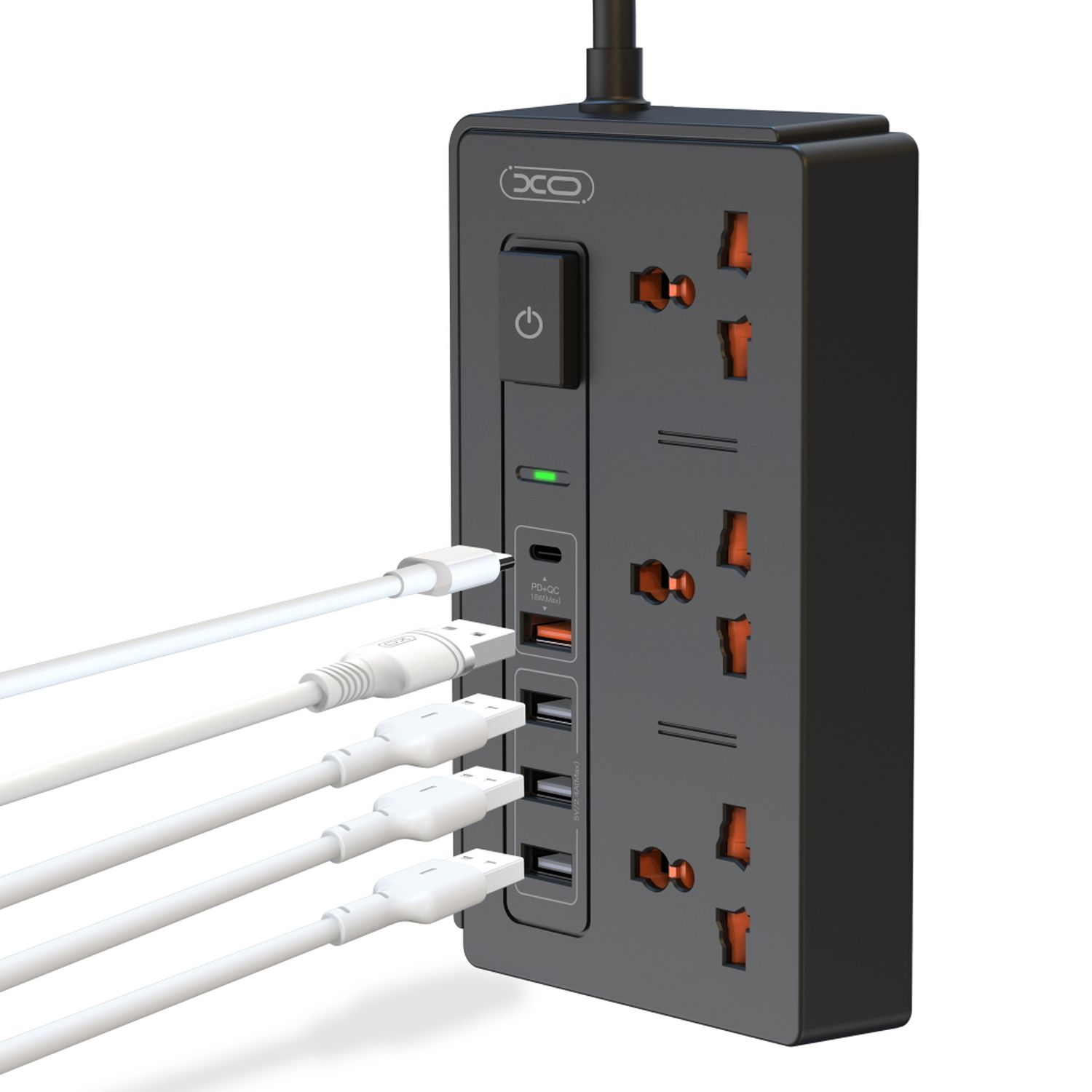 Schwarze Steckdosenleiste mit mehreren Steckdosen und USB-Anschlüssen, die verschiedene Geräte auflädt.