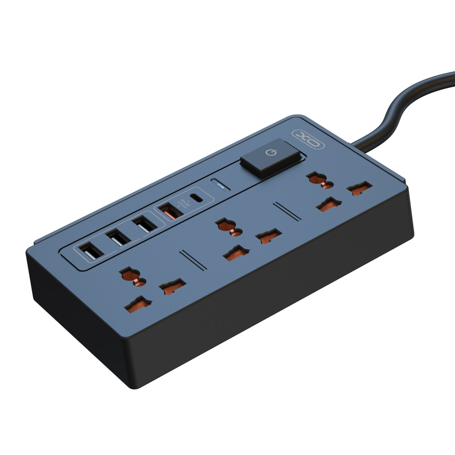 Schwarze Steckdosenleiste mit mehreren Steckdosen, einschließlich USB-Anschlüssen. Oben befindet sich eine Ein-/Aus-Taste.