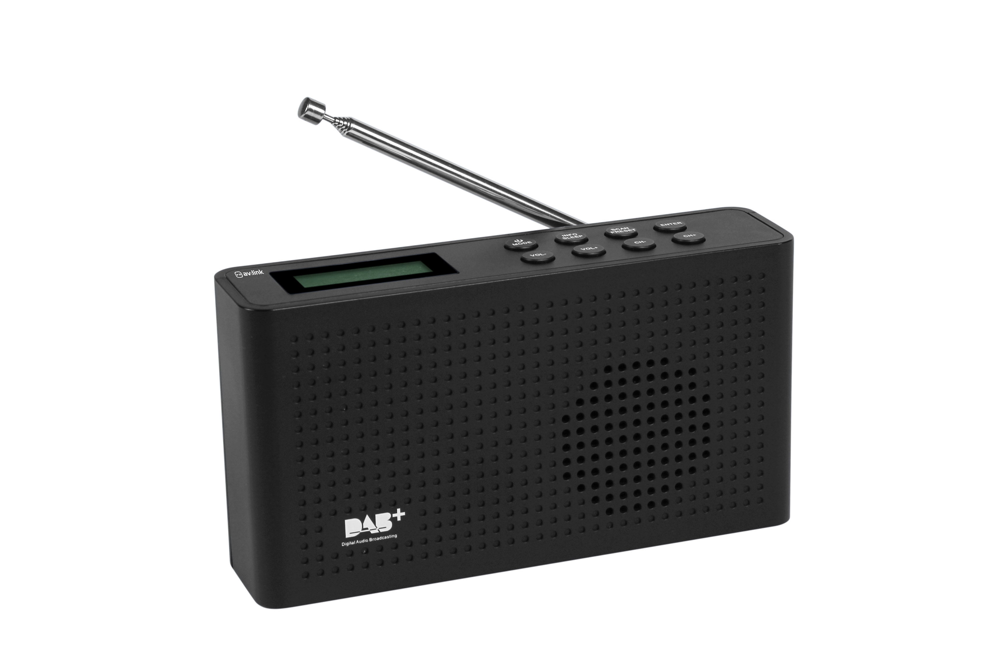 Ein schwarzes Radio mit Knöpfen, einem Bildschirm und einer Antenne. Es hat ein DAB+-Logo.