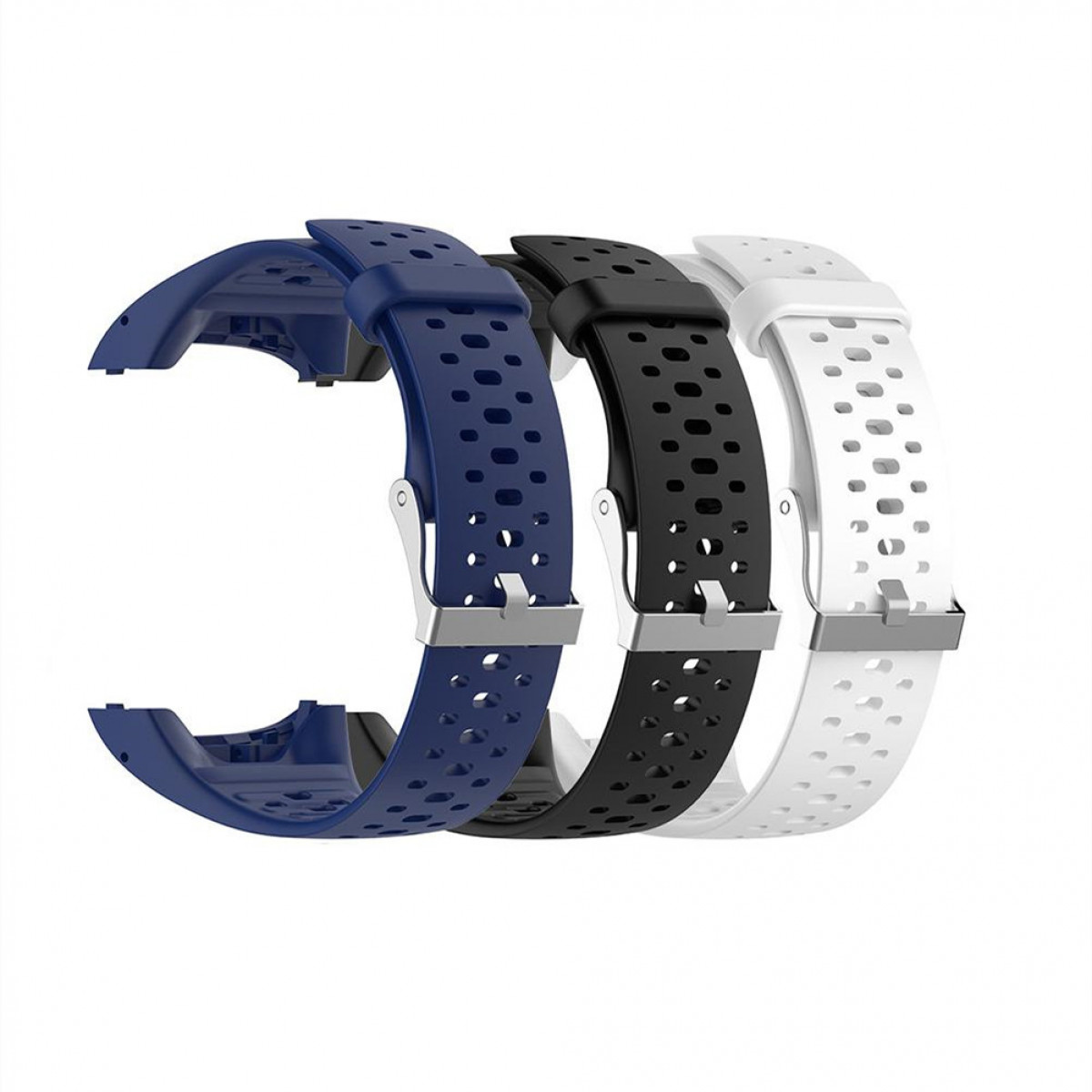 Vier Smartwatch-Armbänder in Blau, Schwarz und Weiß. Sie sind aus Silikon gefertigt.