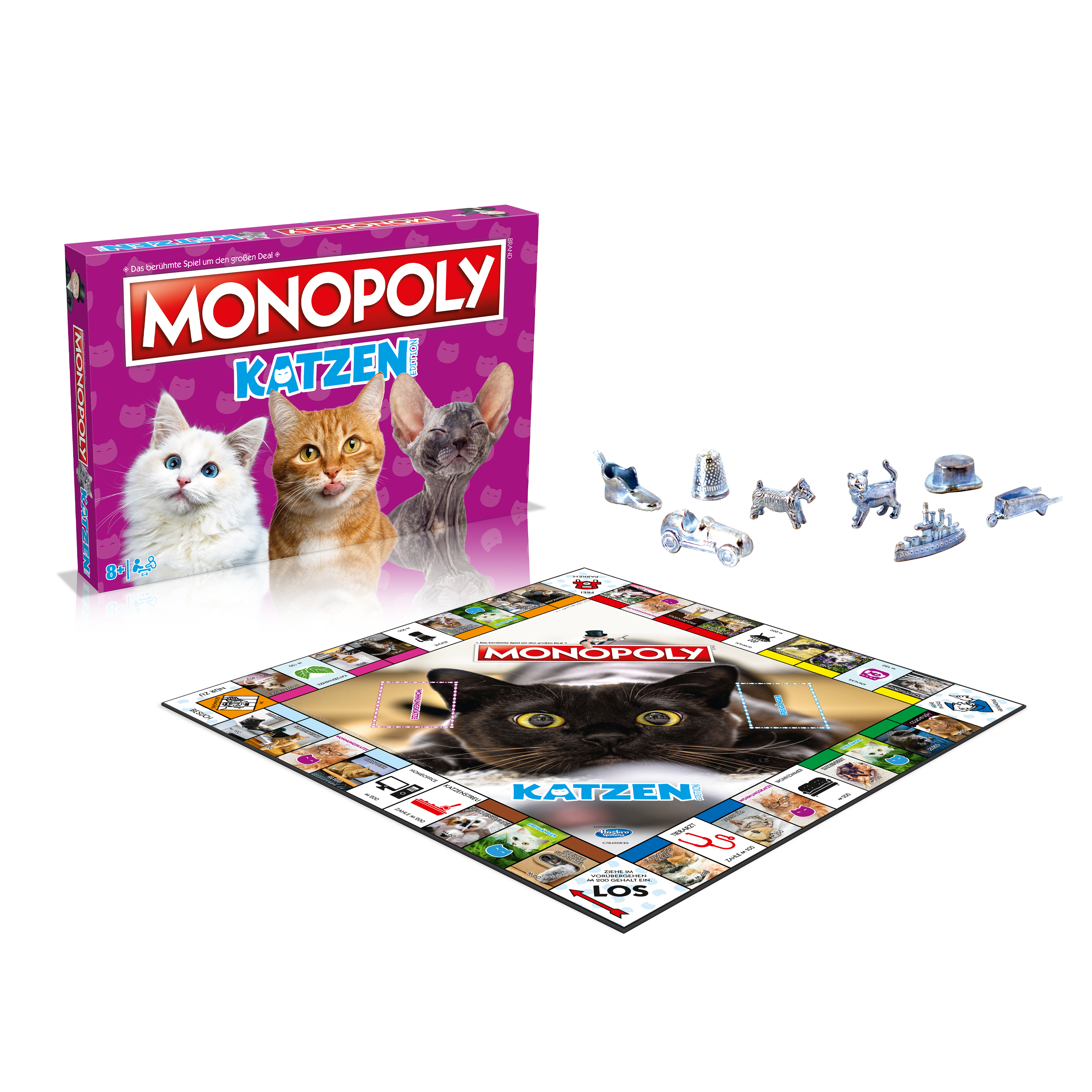 Monopoly-Brettspiel mit Katzen auf der Schachtel und dem Brett.