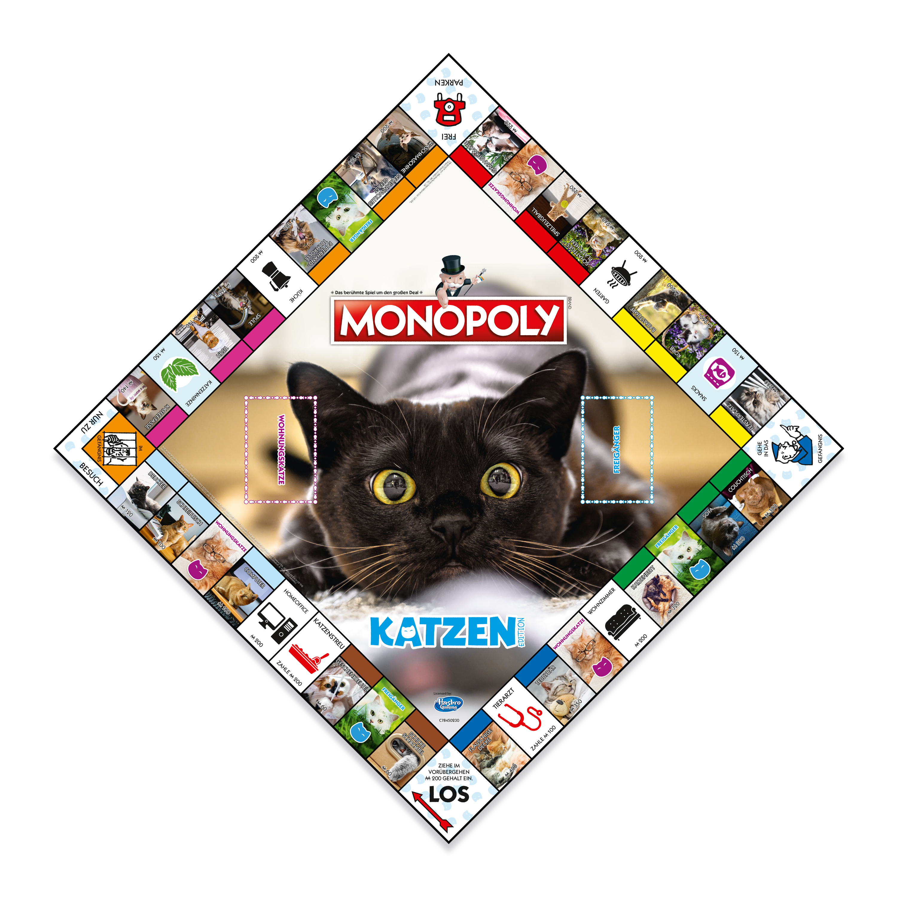 Monopoly-Brettspiel, Katzen-Thema. In der Mitte eine schwarze Katze. Brett mit Katzenbildern und Text 'Katzen'.
