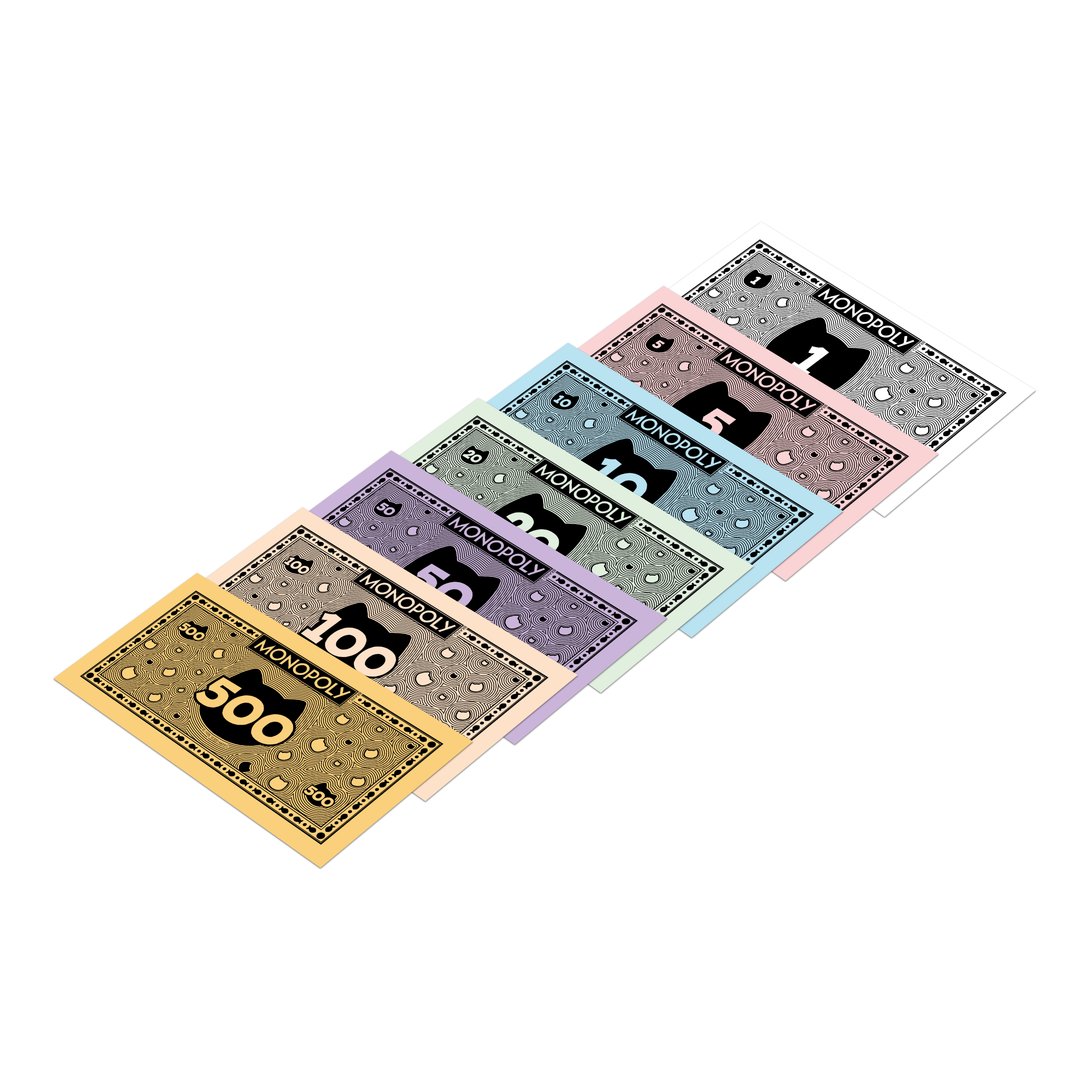 Monopoly-Geld in verschiedenen Farben mit Katzen-Gesichtern. Scheine haben Werte von 1, 5, 10, 20, 50, 100 und 500.