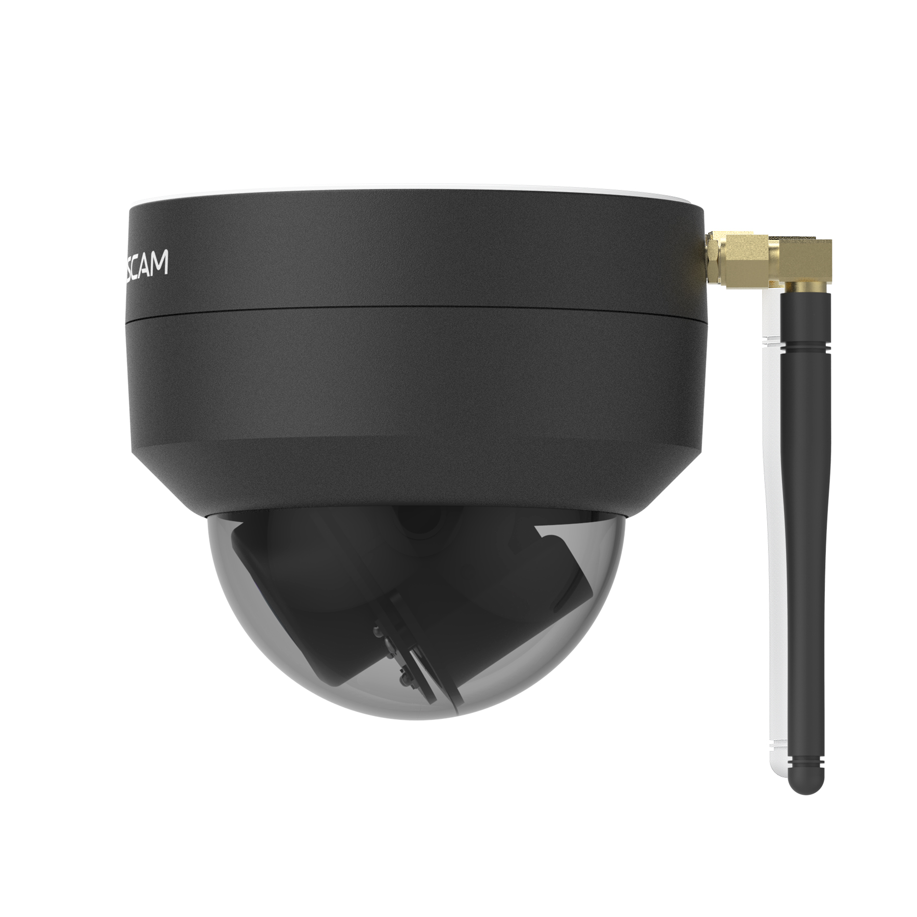 Schwarz-weiße Überwachungskamera mit Antenne. Die Kamera hat eine Kuppelform.