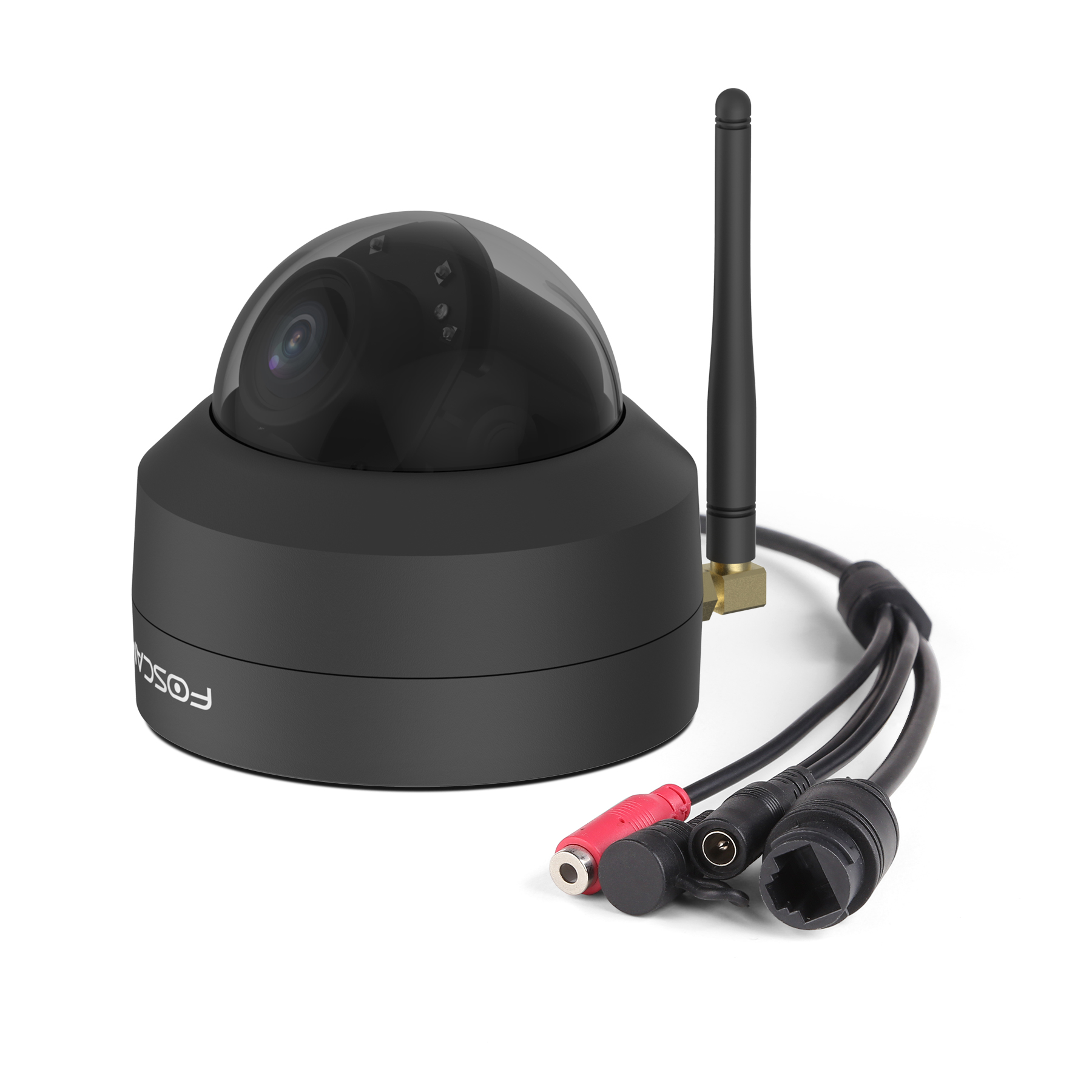 Eine schwarze Überwachungskamera mit Antenne und Kabeln. Die Kamera ist kuppelförmig, auf weißem Grund.