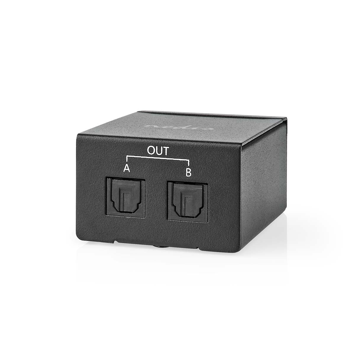 Schwarzer Glasfaseradapter mit zwei Eingängen (A, B) und einem Ausgang.