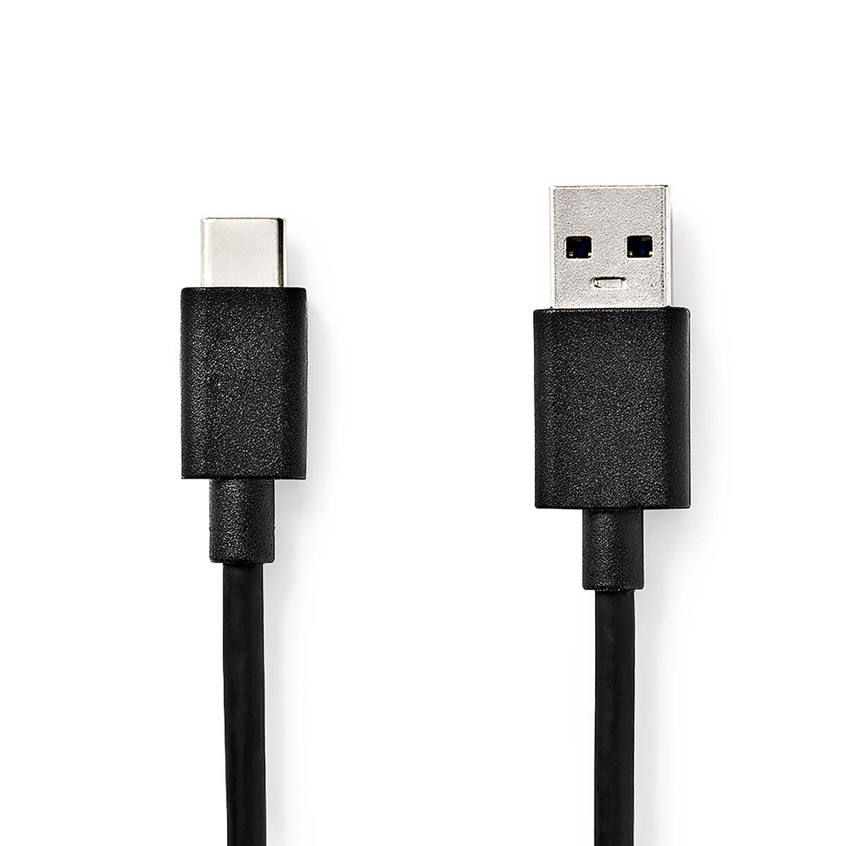 Ein schwarzes USB-C-auf-USB-Kabel auf weißem Hintergrund.