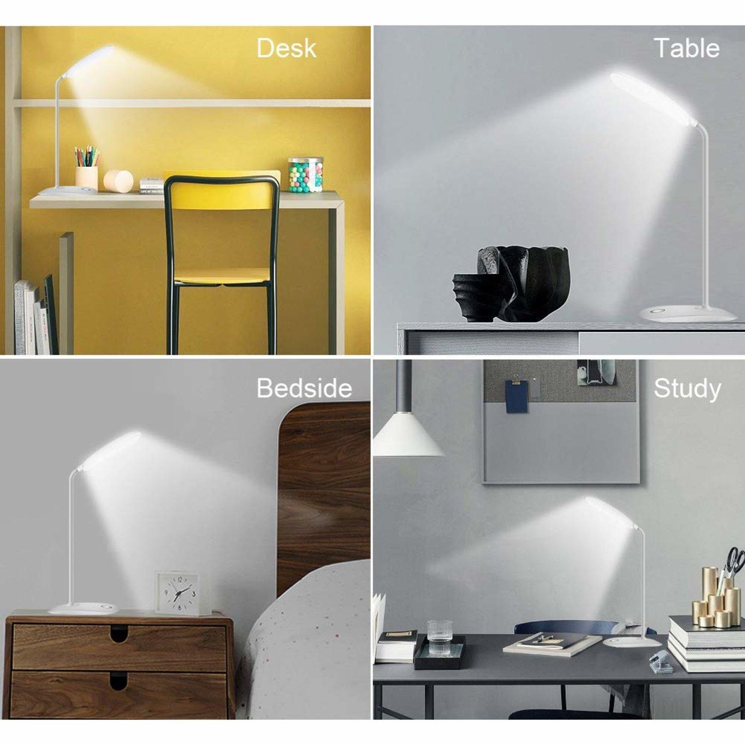 Cuatro imágenes que muestran una lámpara de escritorio blanca en diferentes entornos: escritorio, mesa, mesita de noche y estudio.