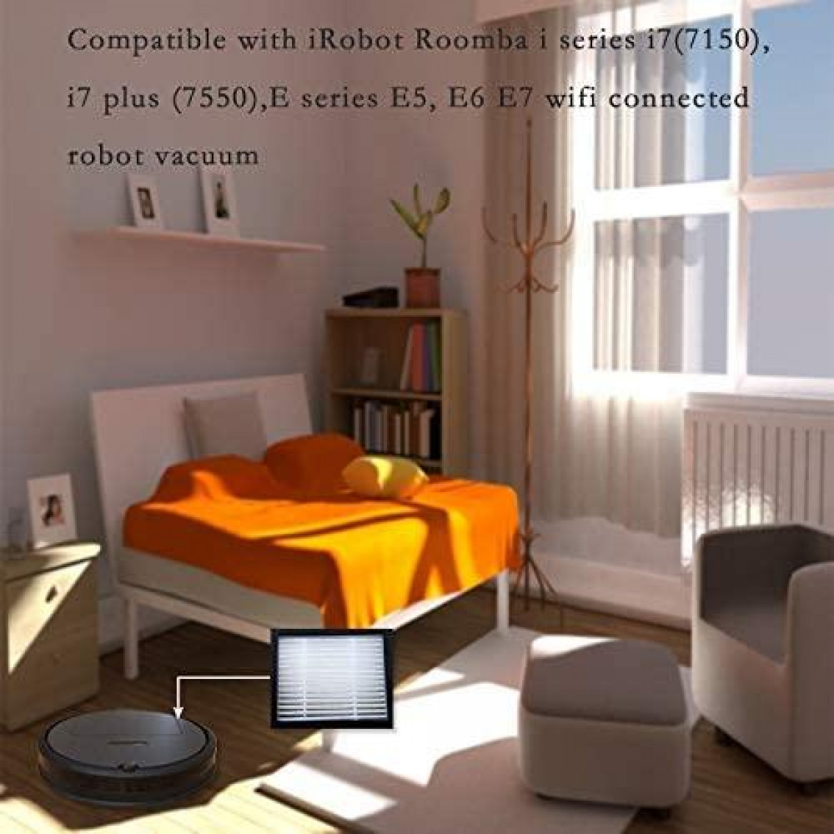 Una stanza con un aspirapolvere robot, un letto con una coperta arancione e una finestra.