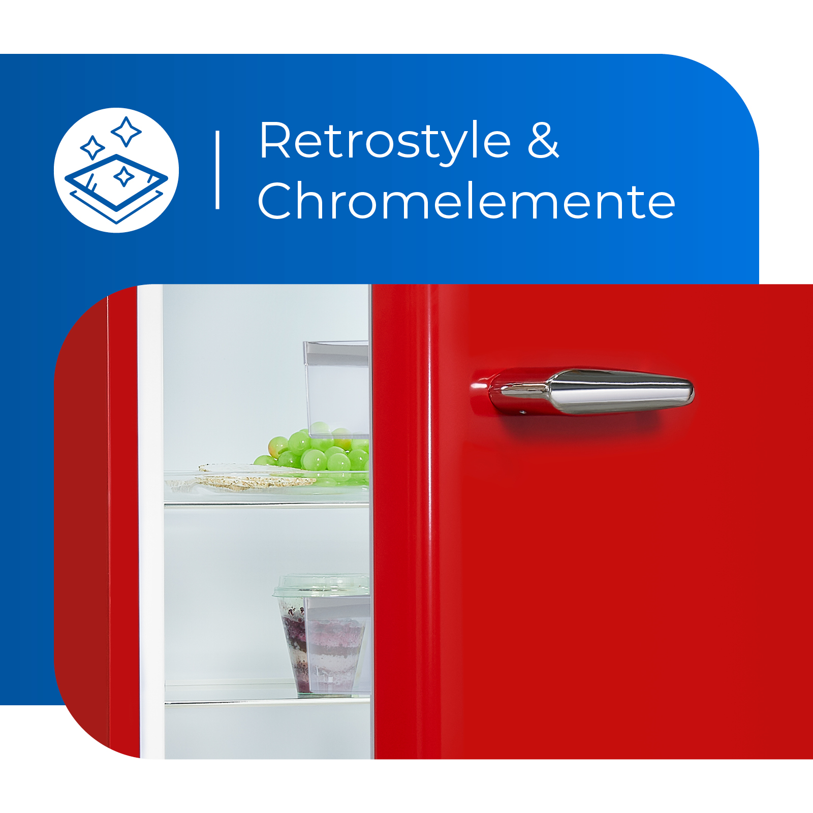 Refrigerador rojo de estilo retro con interior blanco, uvas y recipientes.