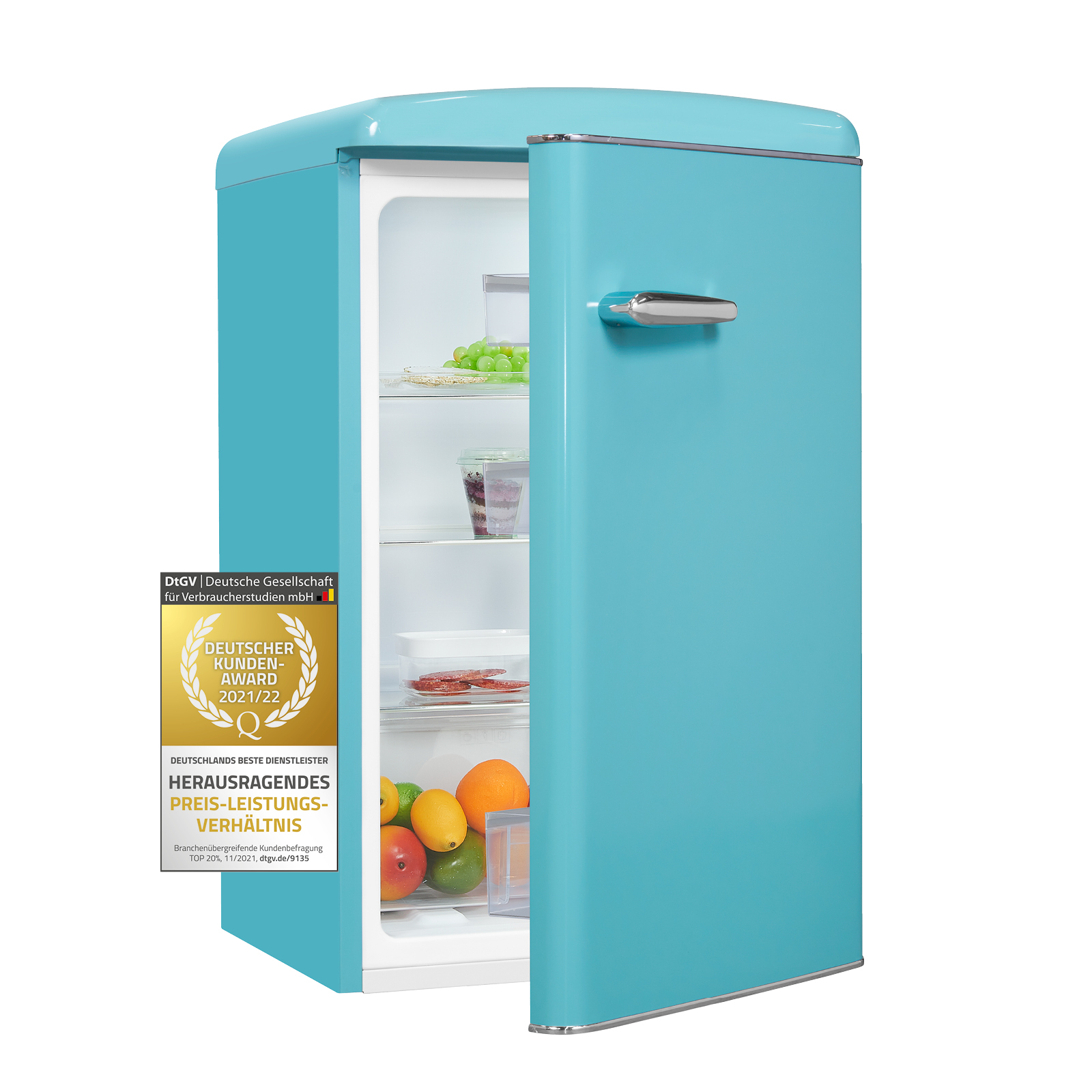 Ein türkisblauer Retro-Kühlschrank mit geöffneter Tür, Obst und Regale sichtbar. Auszeichnung.