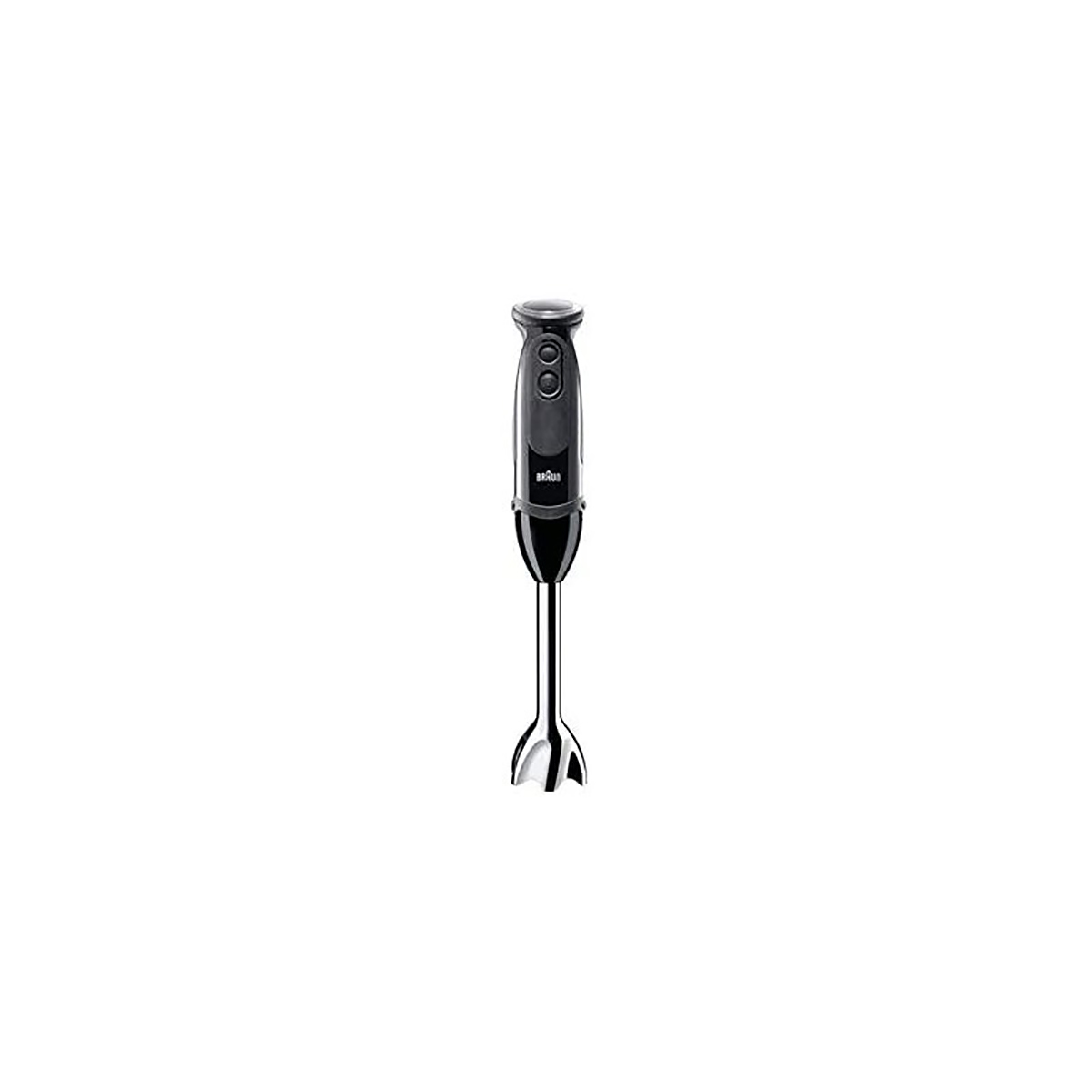 Batidora de inmersión Braun negra con dos botones y cabezal plateado.