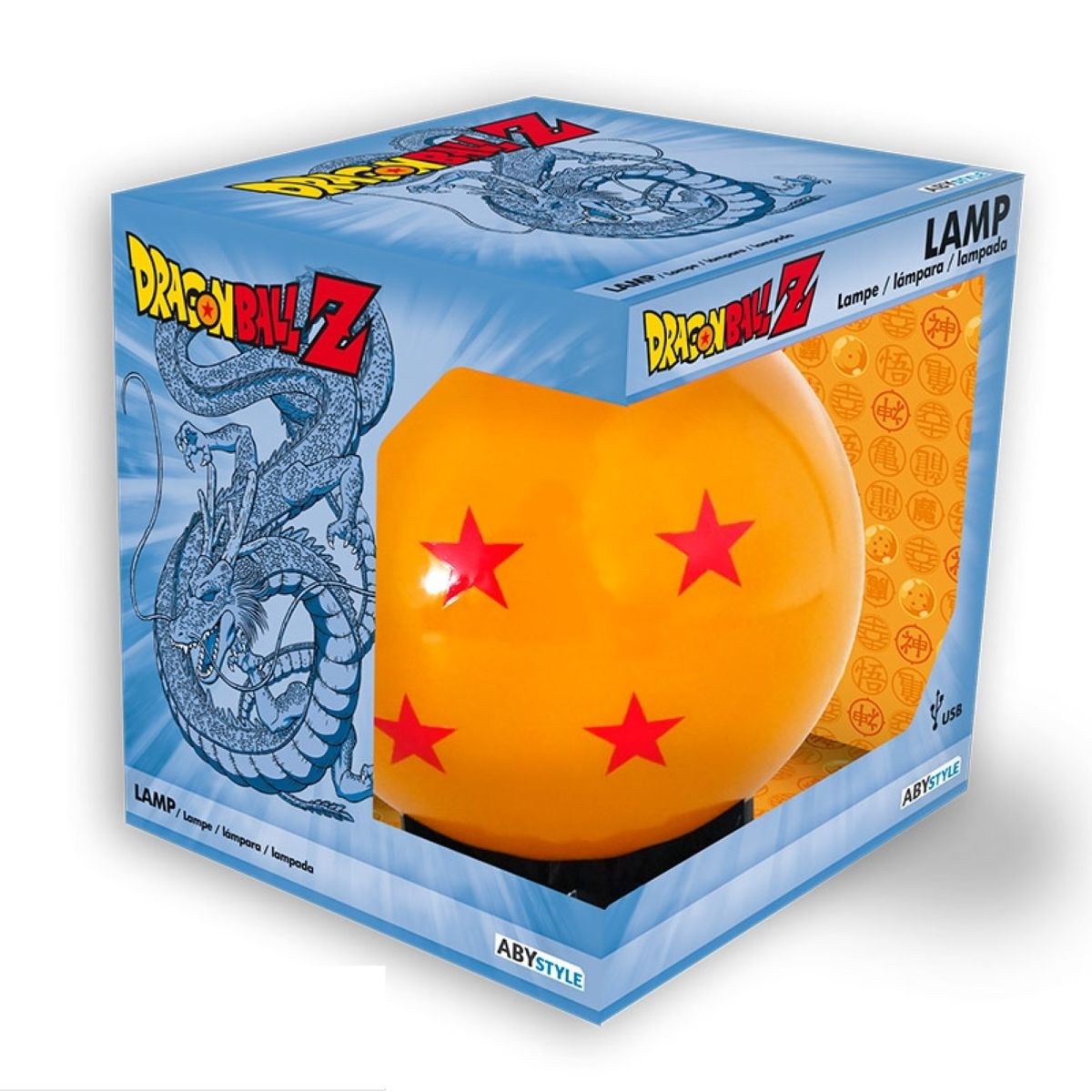 Dragon Ball Z Lampe mit 4 Sternen auf orangefarbener Kugel, Dragon Ball Motiv.