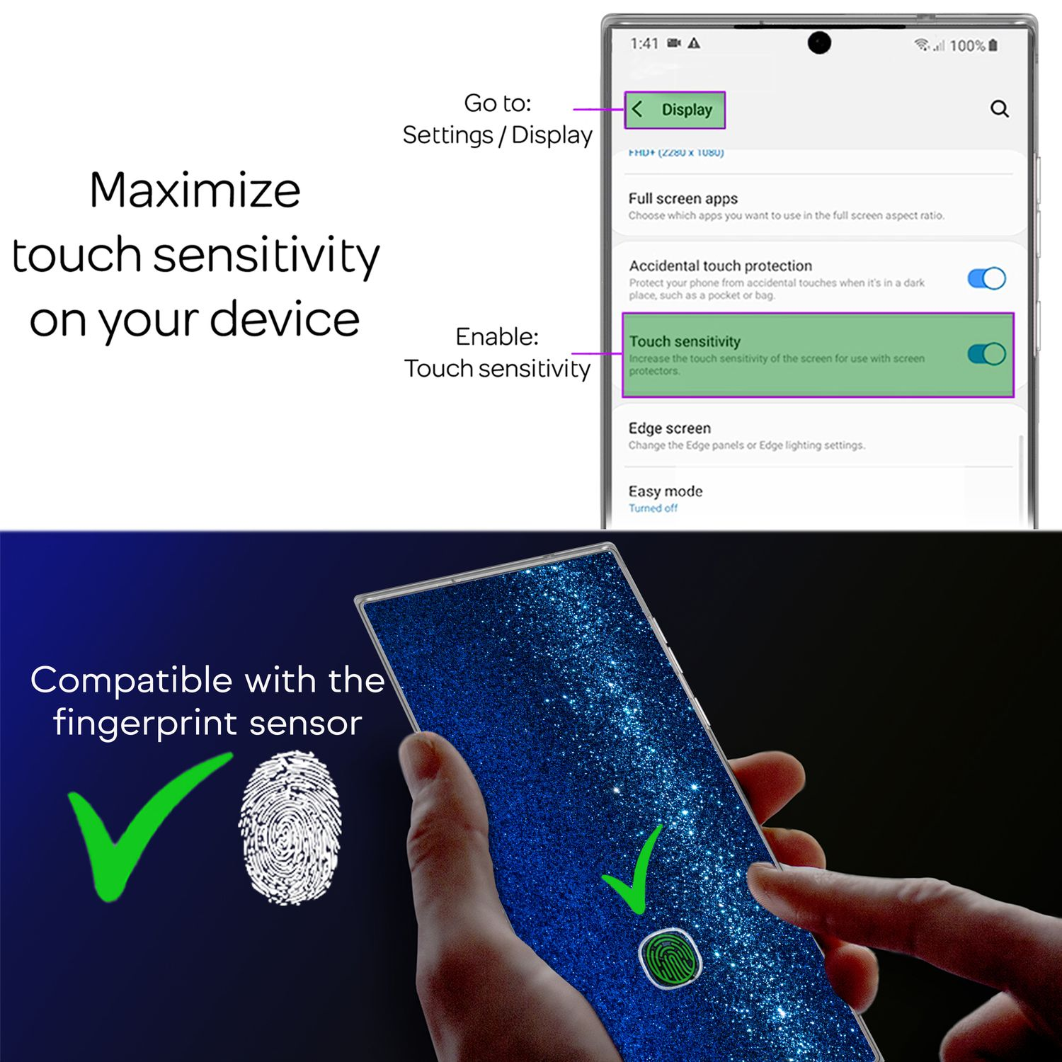 Smartphone-Bildschirm mit Touch-Empfindlichkeitseinstellungen und Fingerabdrucksensor.