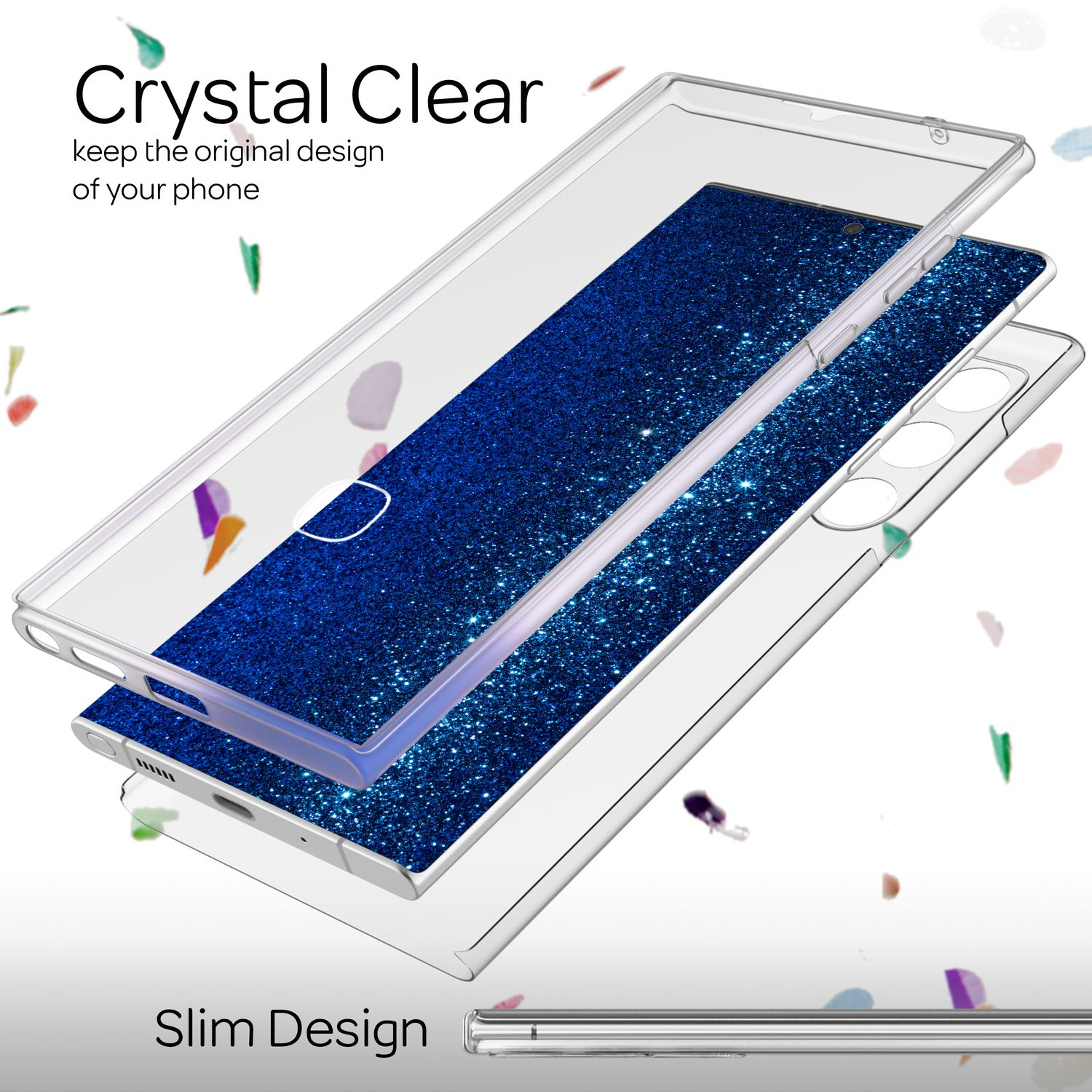 Telefon mit Glitzer-Design in einer transparenten Hülle. Zeigt das schlanke Design des Telefons.