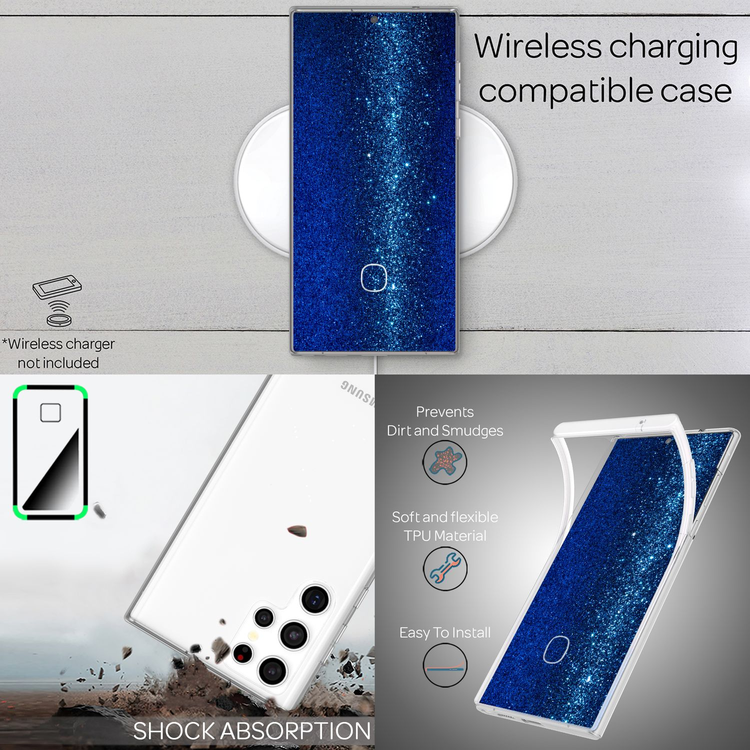 Telefon auf Ladegerät, Diagramme mit Hüllen-Eigenschaften: Stoßdämpfung und Schmutzschutz.
