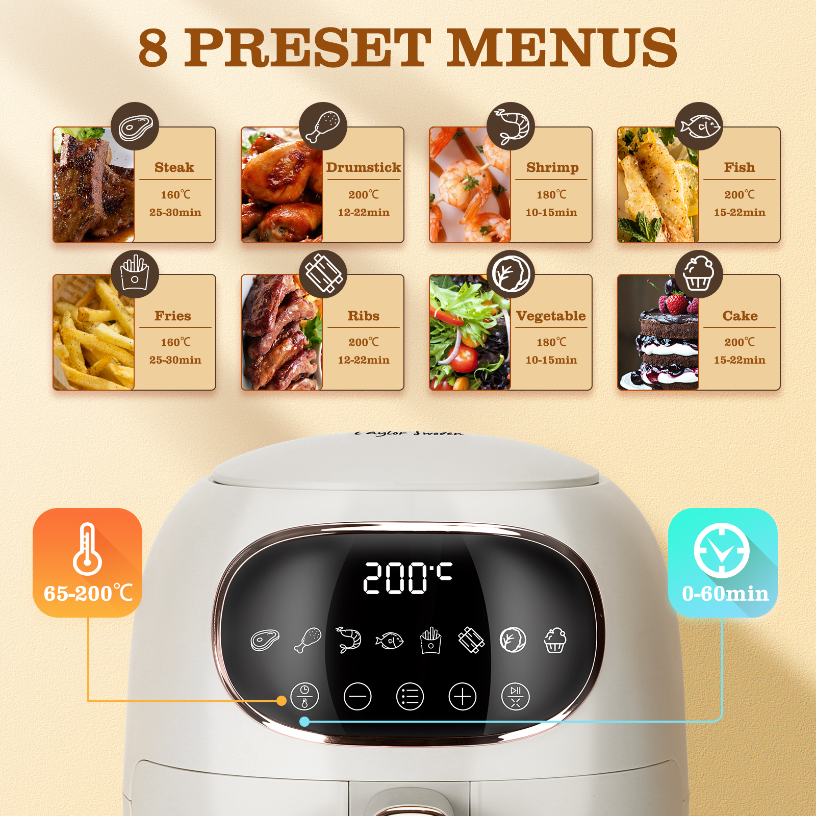 Una freidora de aire con pantalla digital y menús preestablecidos para varios alimentos. El fondo es blanco.