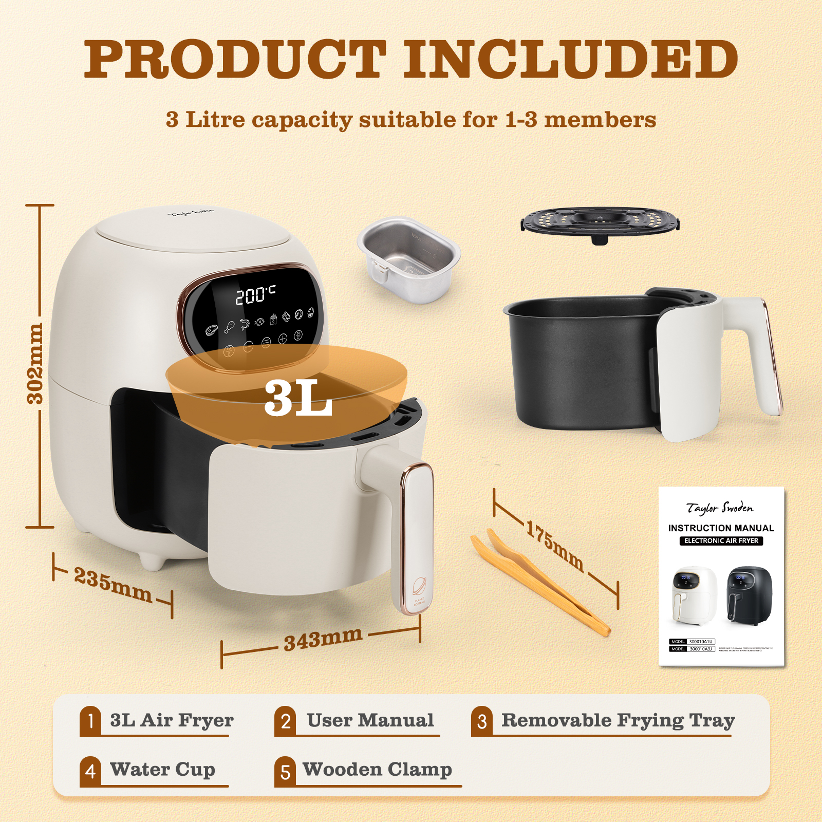 Una freidora de aire blanca con capacidad de 3L. Incluye manual, bandeja para freír, taza de agua y pinza de madera.