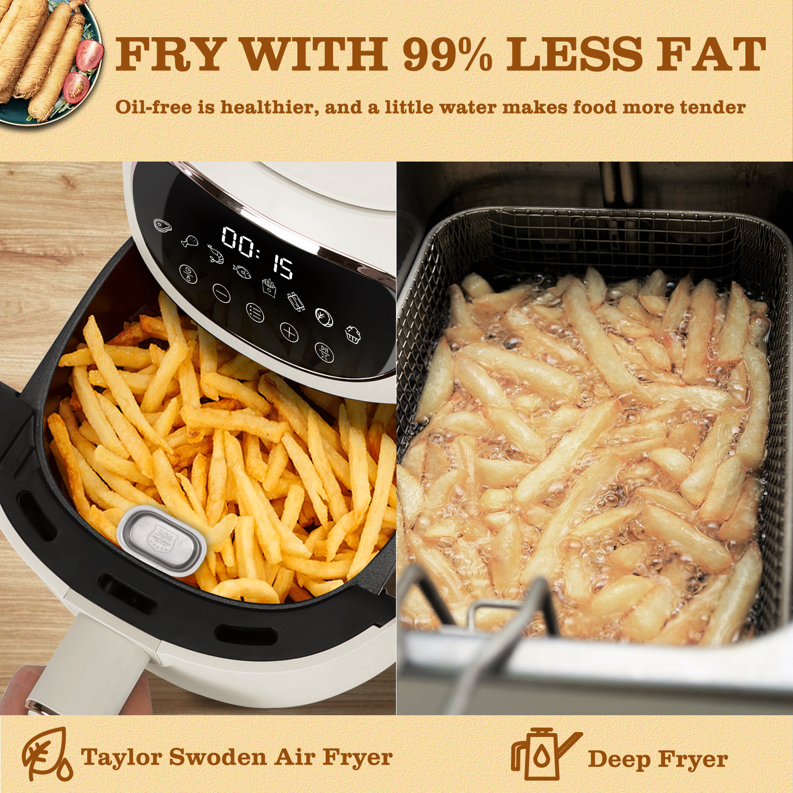 Comparación freidora de aire y freidora. Uno con papas fritas, otro con aceite.
