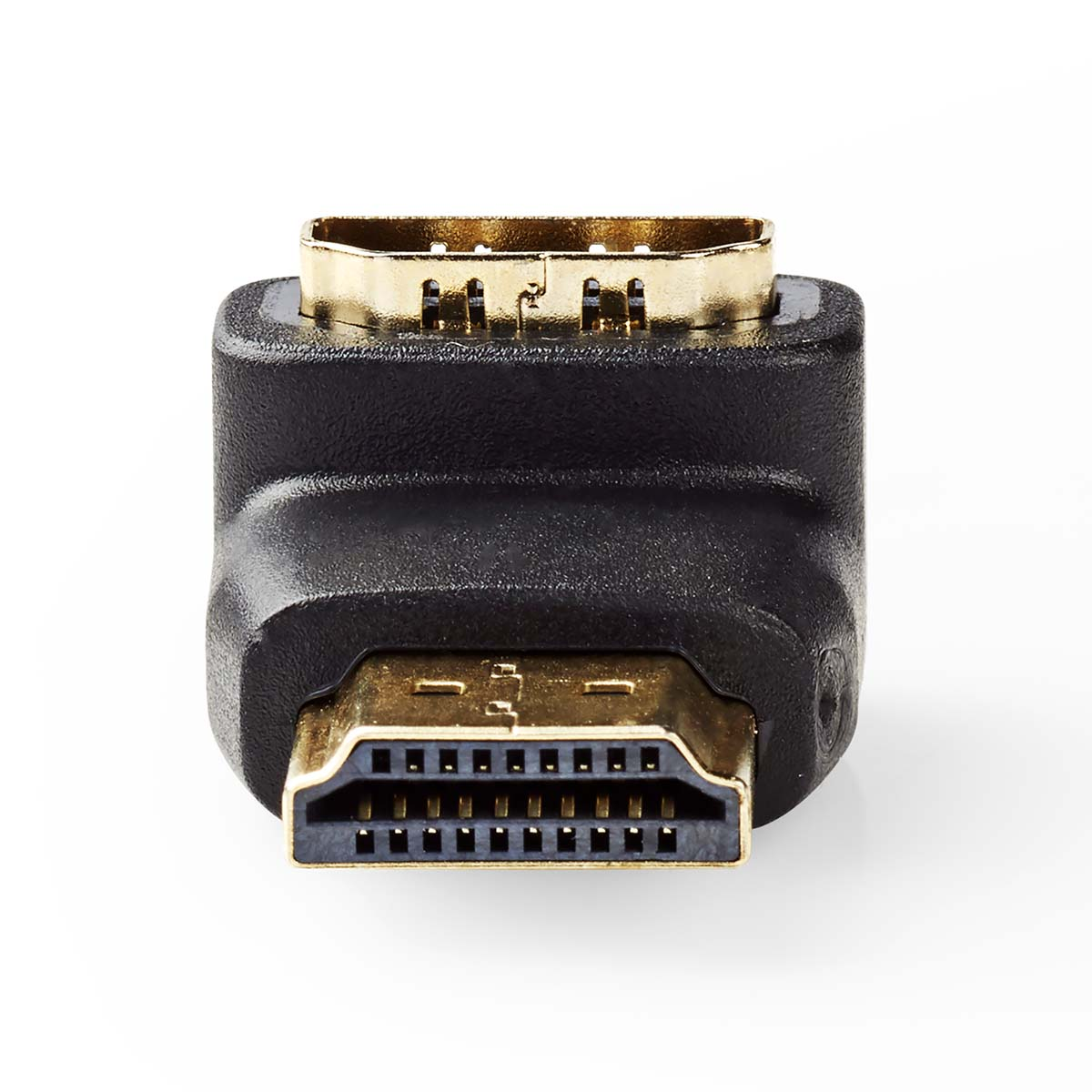 Adattatore HDMI, nero con connettori dorati. Due connettori maschio.