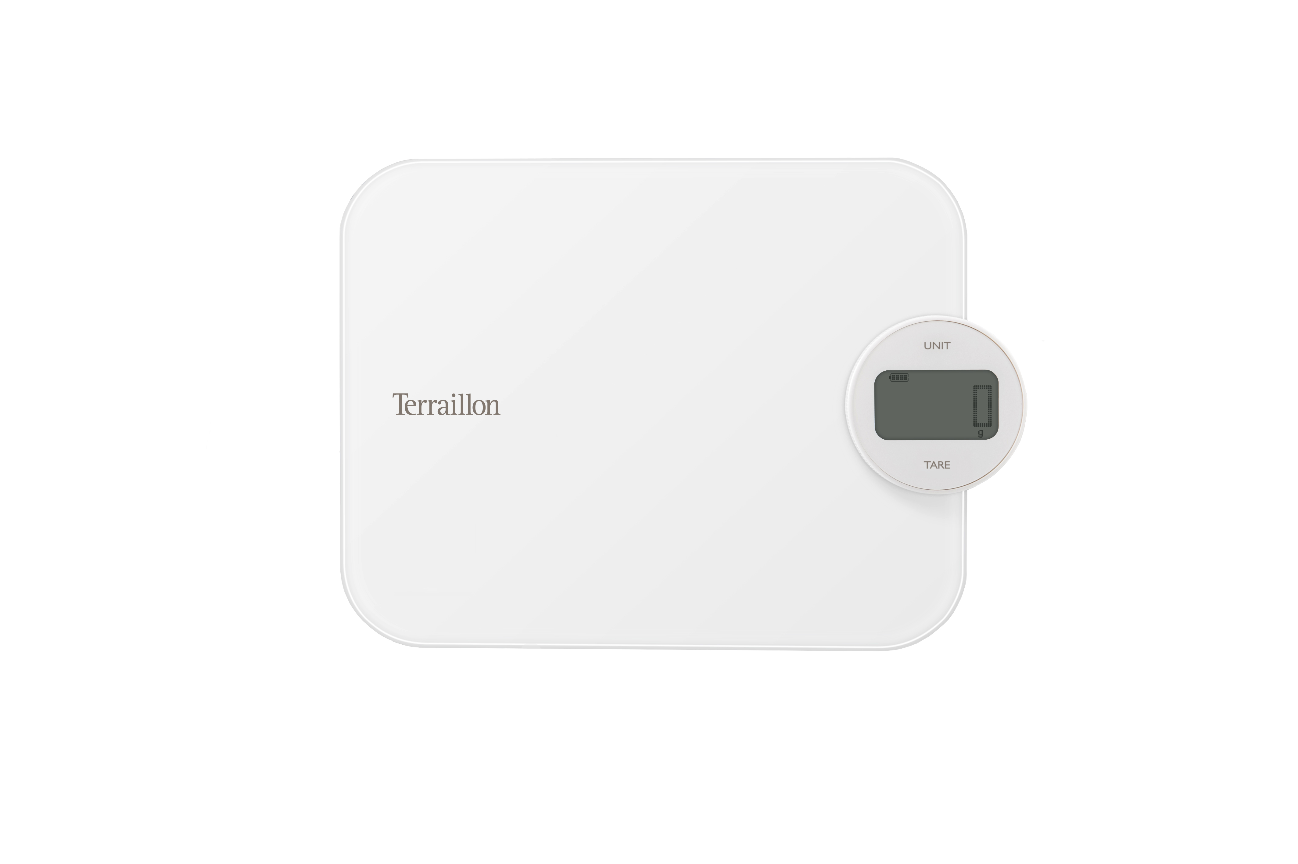 Una báscula digital blanca con una pequeña pantalla. La báscula muestra la marca 'Terraillon'.