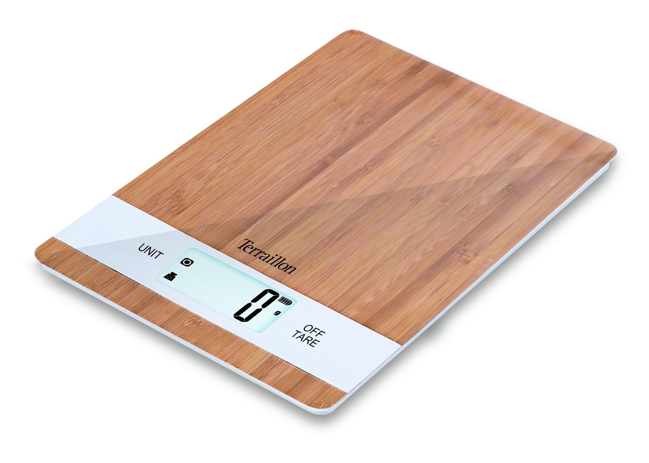 Küchenwaage aus Holz mit Digitalanzeige, die '0' anzeigt. Weißer Zierrat und weiße Oberfläche.