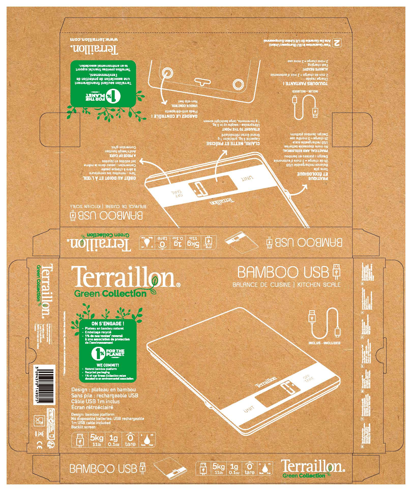 Küchenwaage-Verpackung mit Anweisungen und einer Maßskizze. Brauner Papphintergrund.