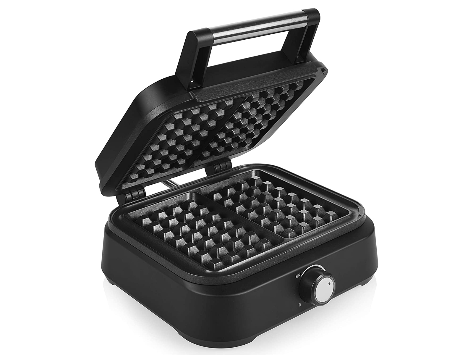 Czarny gofrownica, otwarta z kratką do gofrów. Ma pokrętło do ustawiania temperatury i uchwyt.
