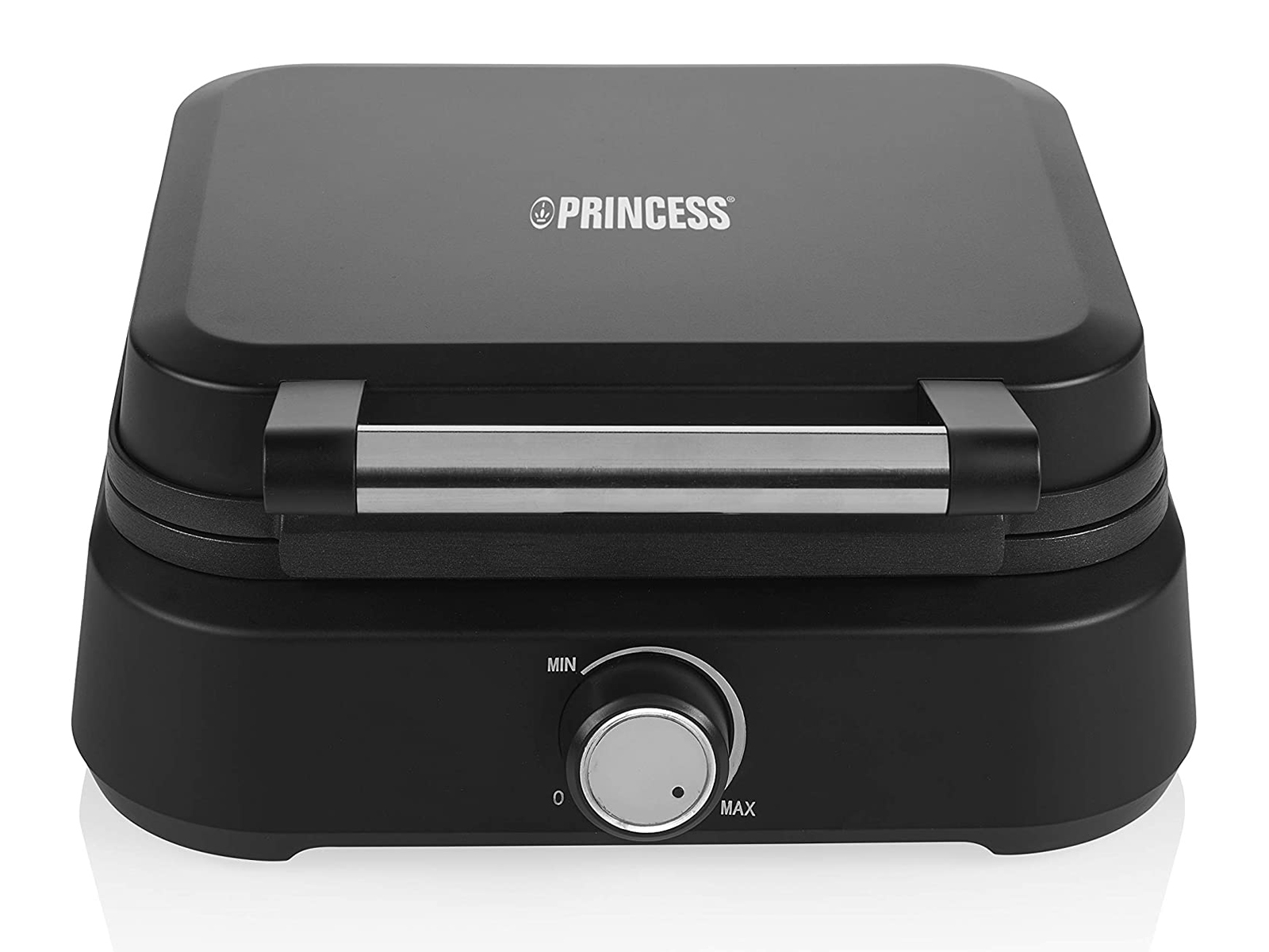 Czarny gofrownica z pokrętłem, logo 'PRINCESS' na górze.