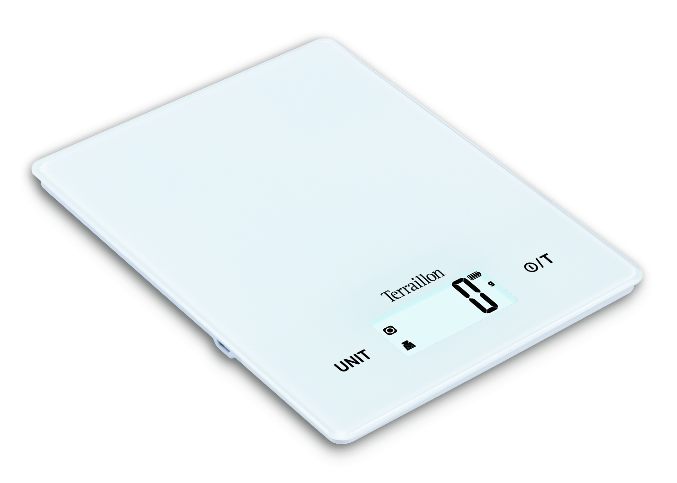Bilancia da cucina digitale bianca con display che mostra '0'.