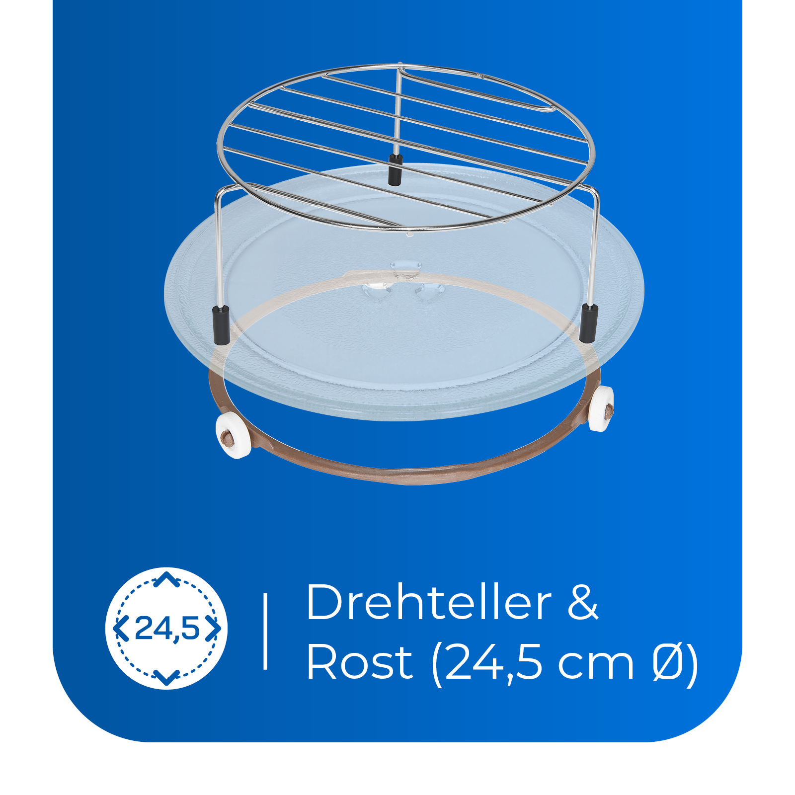 Mikrowellen-Teller und Rost auf blauem Hintergrund. Der Teller hat einen Durchmesser von 24,5 cm.