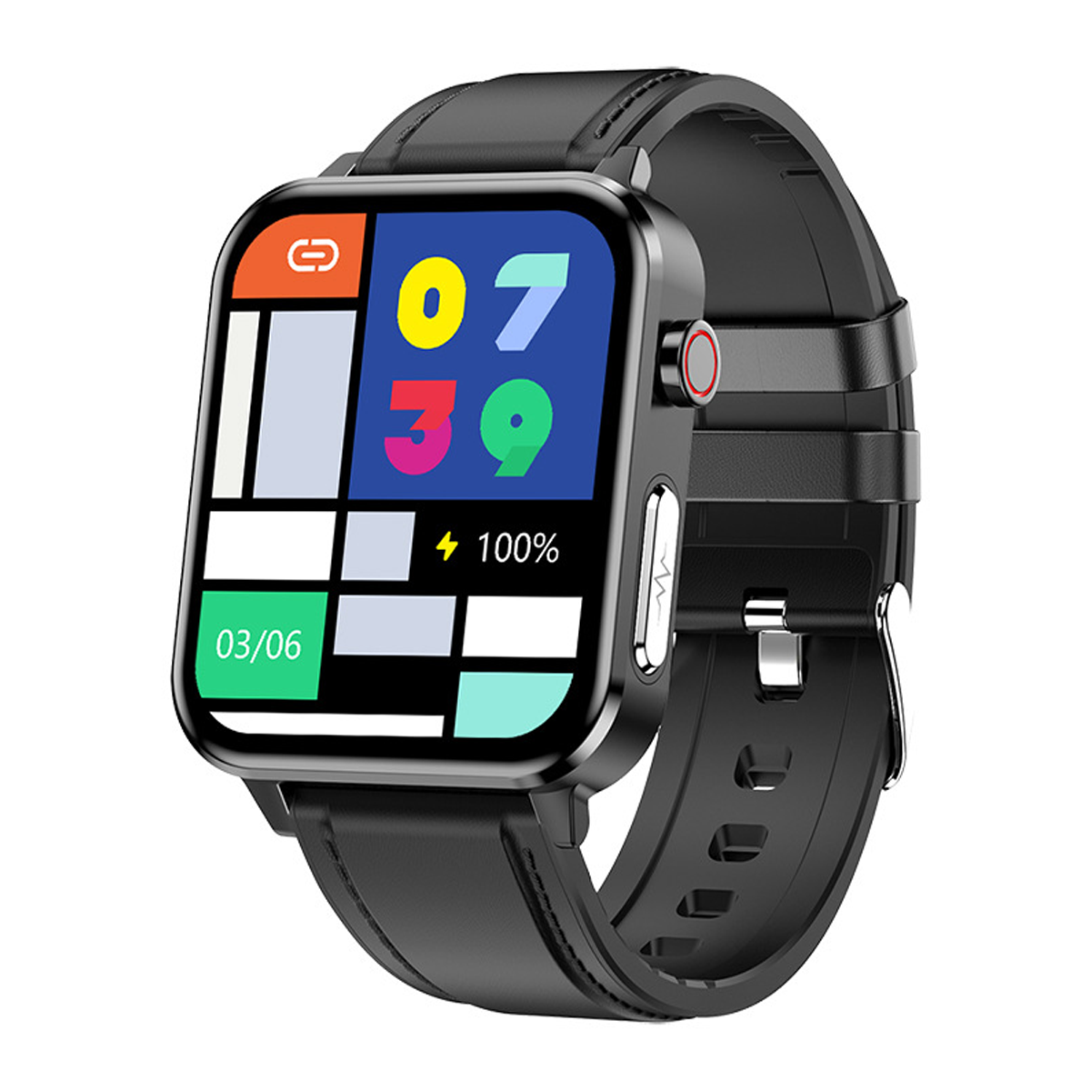 Schwarze Smartwatch mit rechteckigem Display, das die Zeit und Widgets anzeigt.